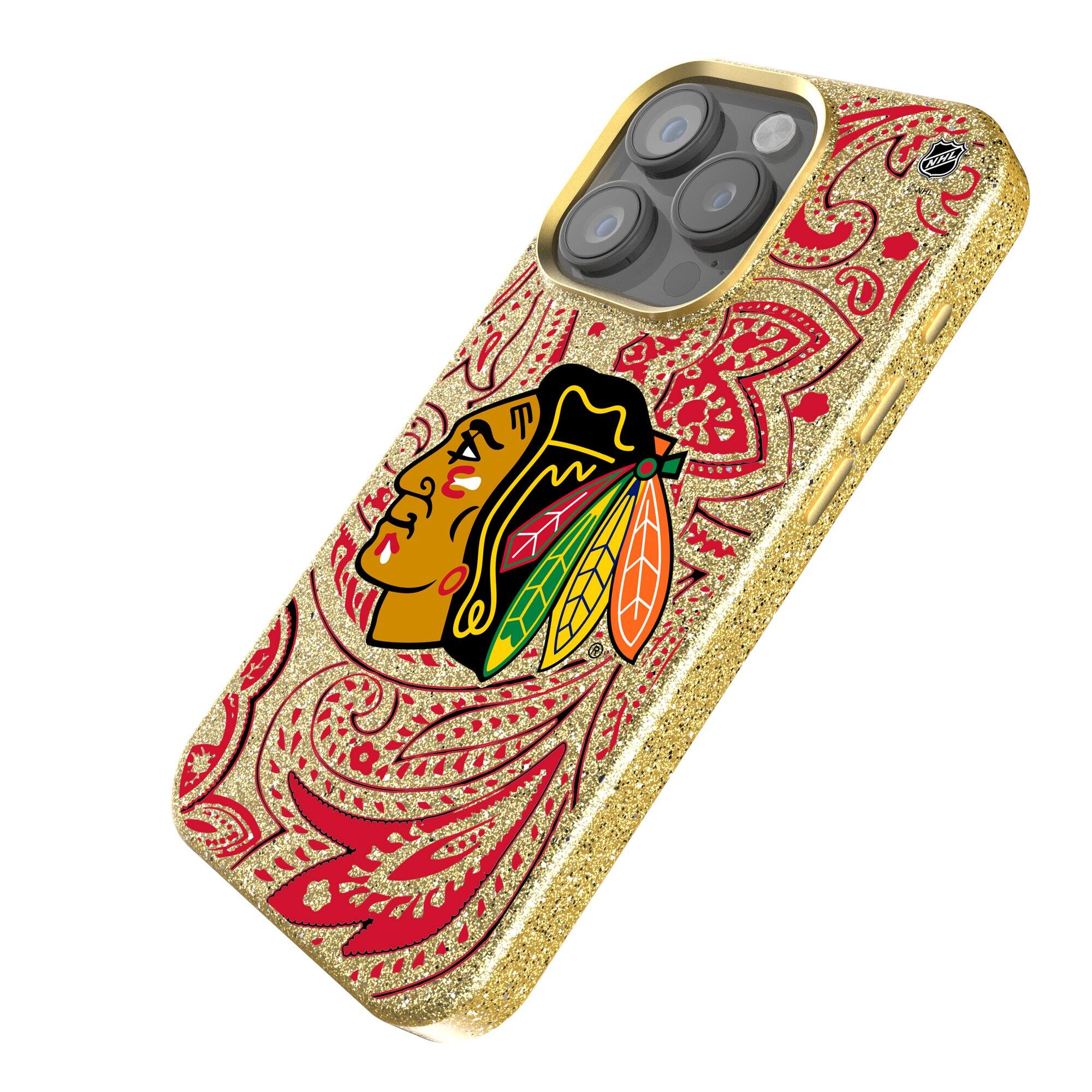 Alt View 1. Keyscaper - Gold Chicago Blackhawks Paisley Bling iPhone Case - 14 Pro - Gold.
