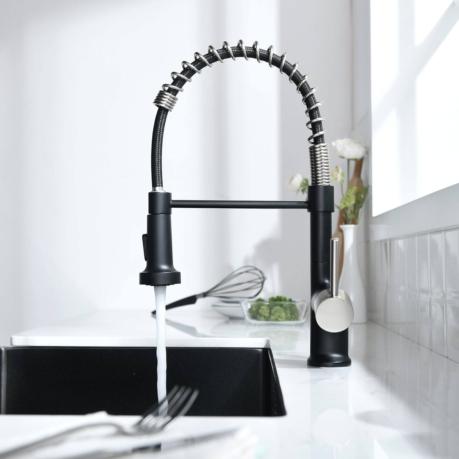 Alt View 7. Boyel Living - Matte Black with Brushed Nickel Single Handle Gooseneck Pull Down Sprayer Kitchen Faucet - Matte Black with Brushed Nickel.