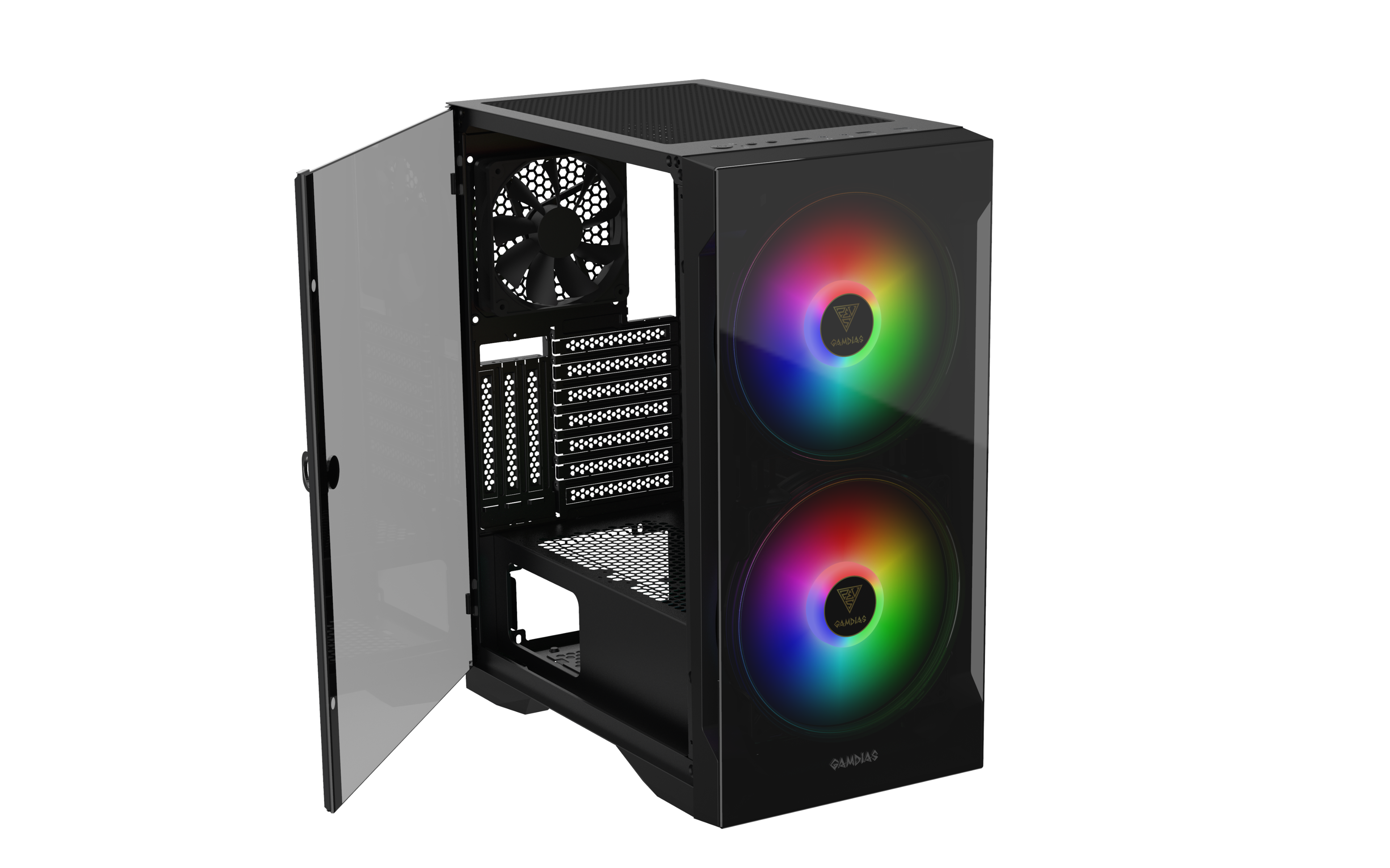GAMDIAS - APOLLO E2 Elite pc case ATX, 200mm fans ARGB Tempered Glass, GPU length limitation: 340mm. - Black