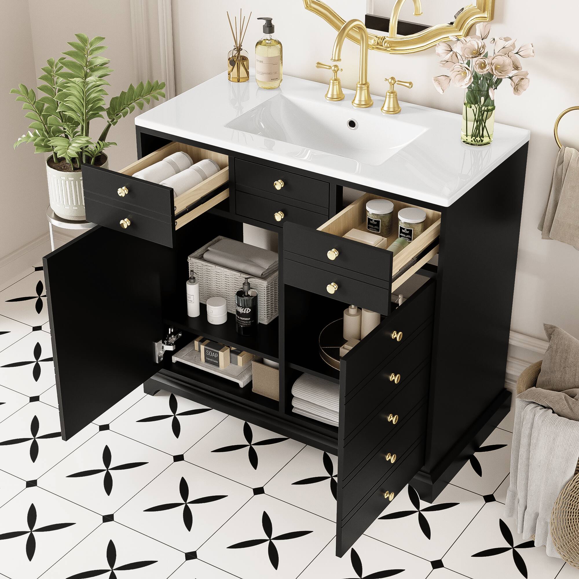 Front. Mirfee - 36" Bathroom Vanity with Resin Sink, 2 Drawers, Soft Close Doors, Solid Wood, Black - Black.