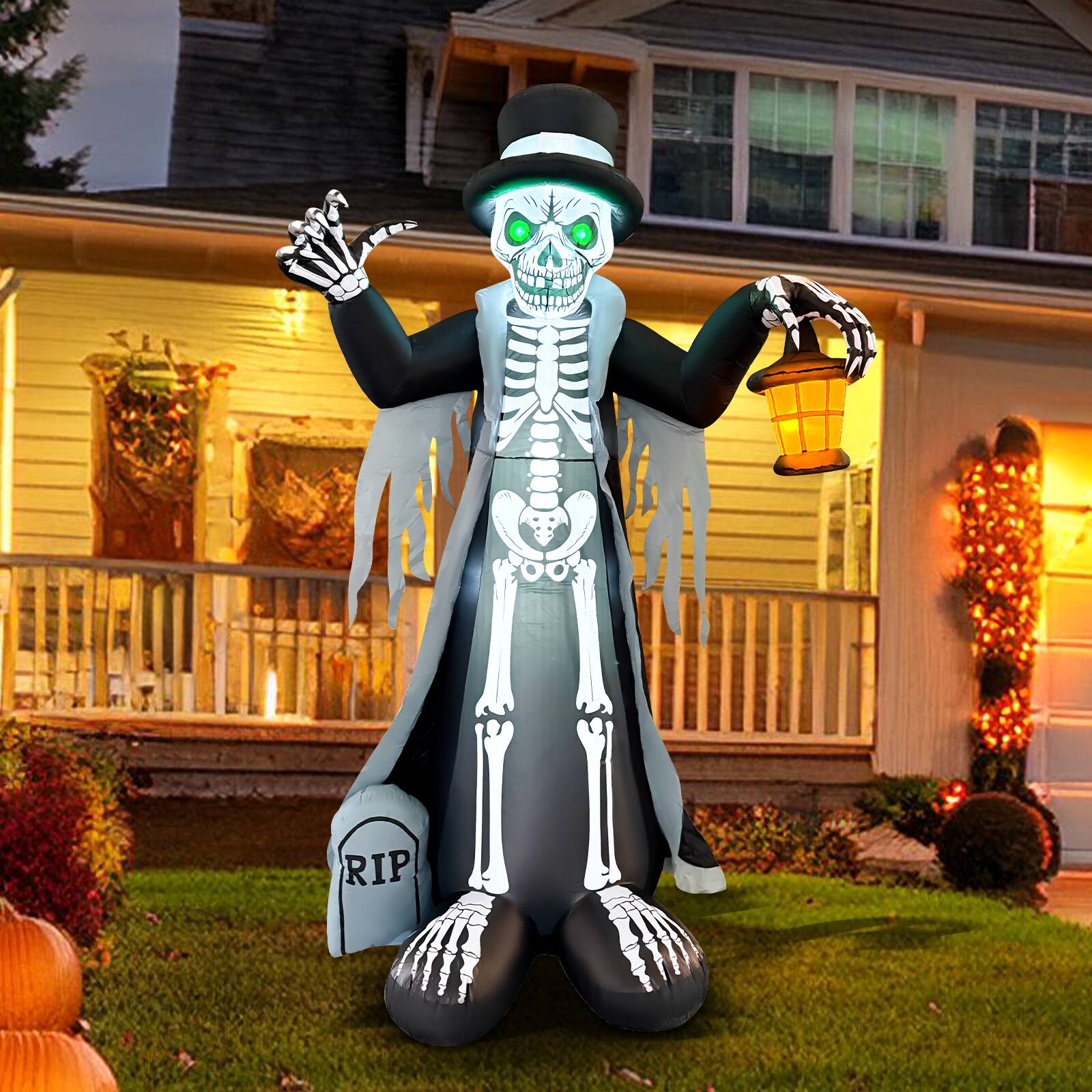 Angle. GOOSH Inflatables - GOOSH 8.2FT Inflatable Skeleton with Top Hat and Lantern – Light-Up Halloween Yard Decoration - Black.