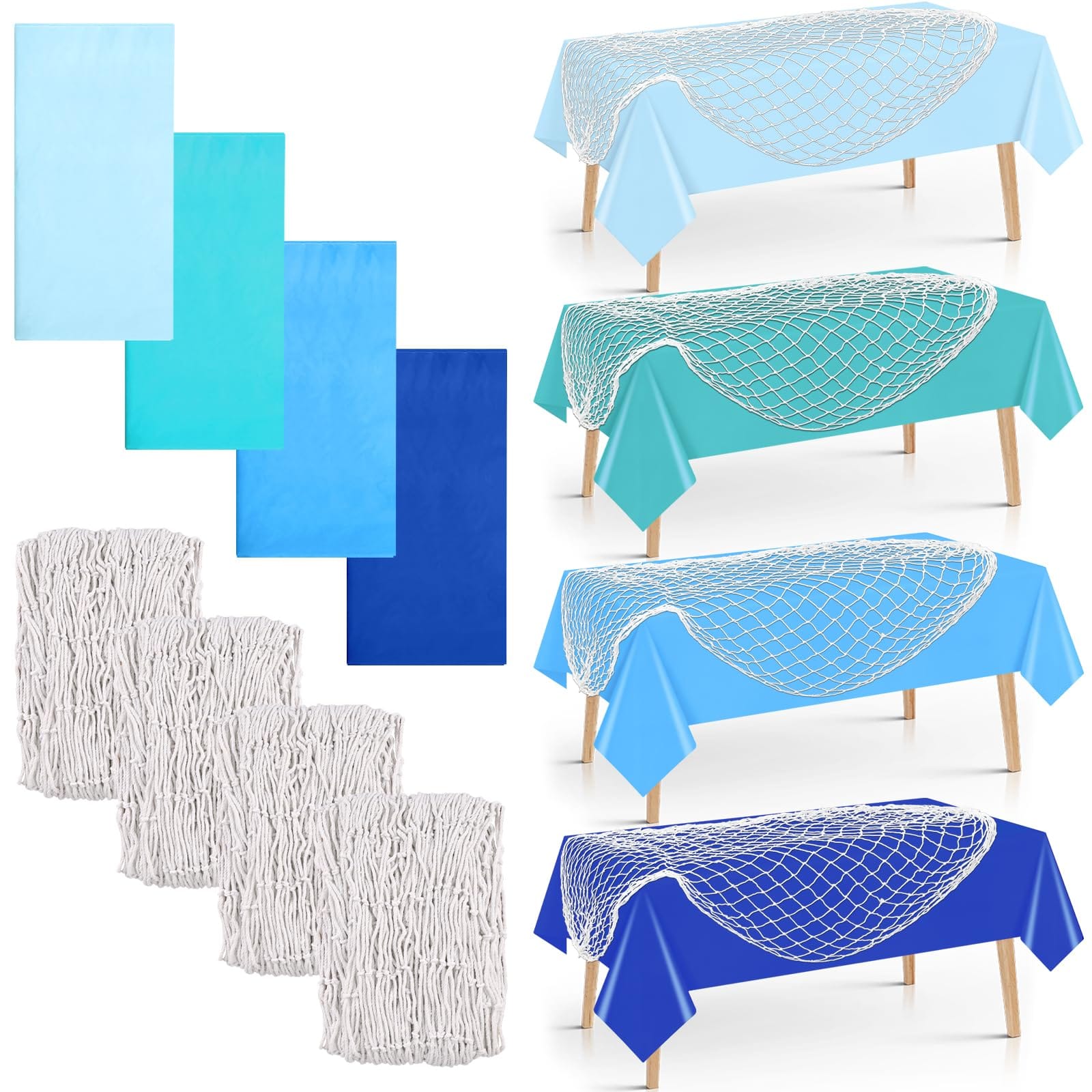 Dapper Styles - 8 Fish Net Decorative And Tablecloth Set Cotton Fishnet Plastic Underwater Table Cover Decorations For Naut - Default