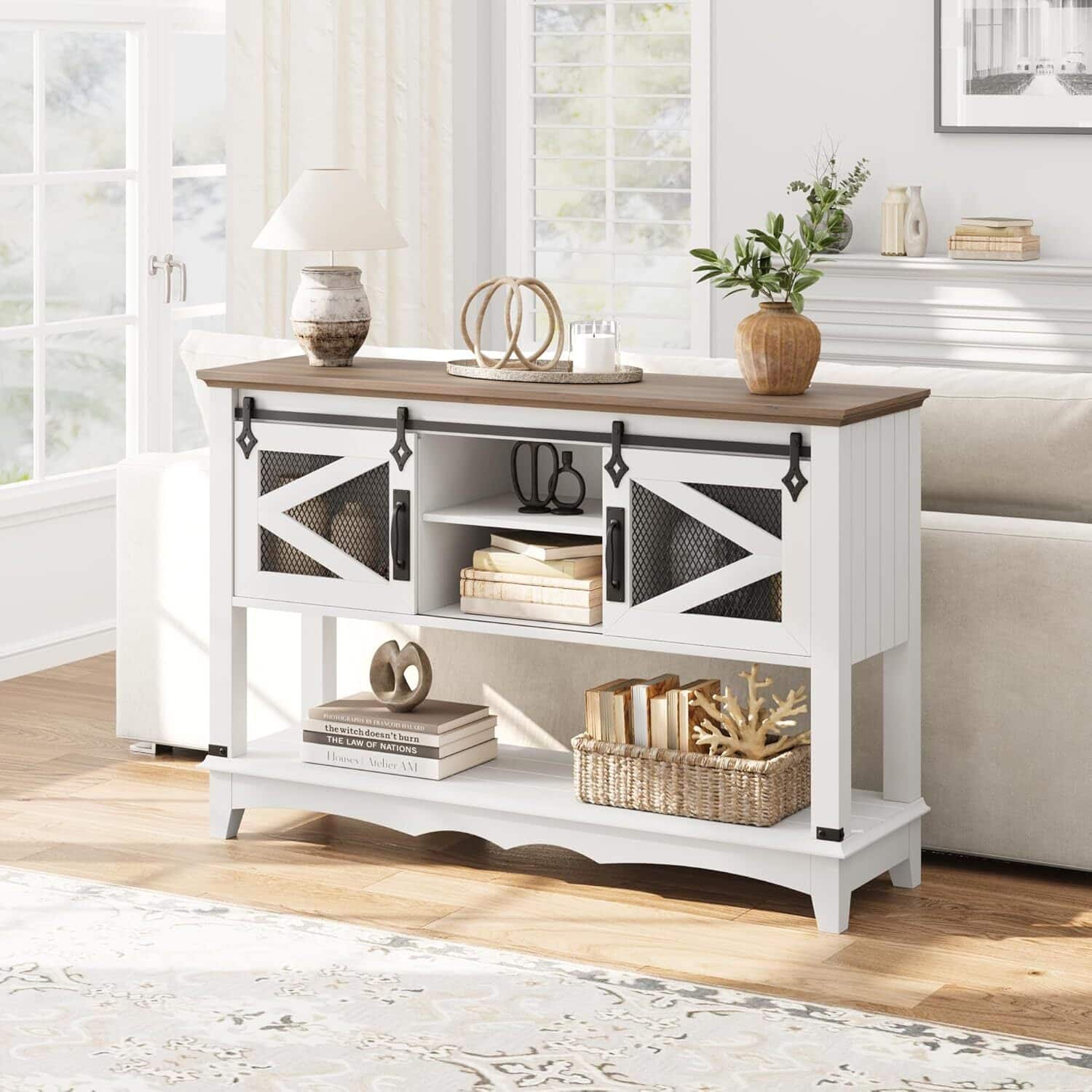 Acekool - Farmhouse Console Table, 46-Inch Long Entryway Table with 2 Tier Storage - White