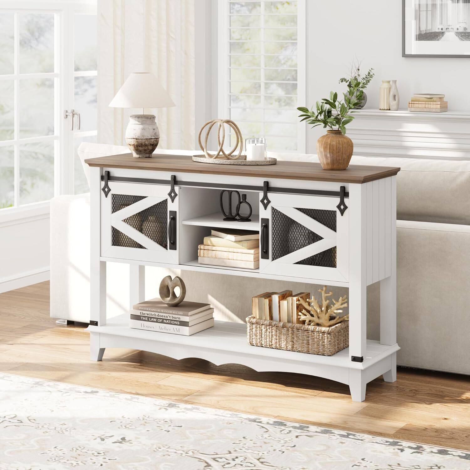 Acekool - Farmhouse Console Table, 46-Inch Long Entryway Table with 2 Tier Storage - White
