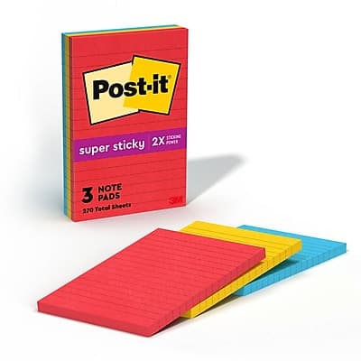 "Post-it - Super Sticky Notes, 4"" x 6"", Playful Primaries Collection, Lined, 90 Sheet/Pad, 3 Pads/Pack (6603SSAN) - Candy Apple Red, Sunnyside, Blue Paradise" price history on PriceWatchPro