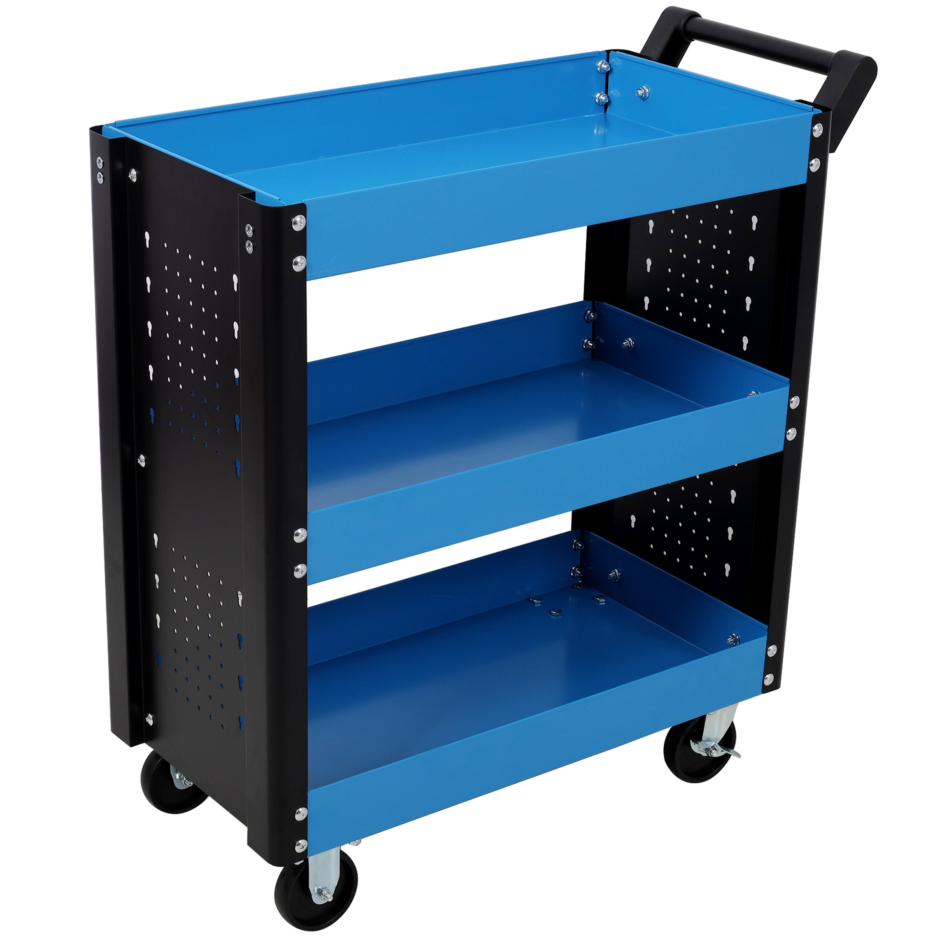 ELEMENT ACE - 3-Tier Rolling Tool Cart on Wheels, Heavy Duty Utility Cart with Pegboard for Repair Shop, Garage, Warehouse - Blue