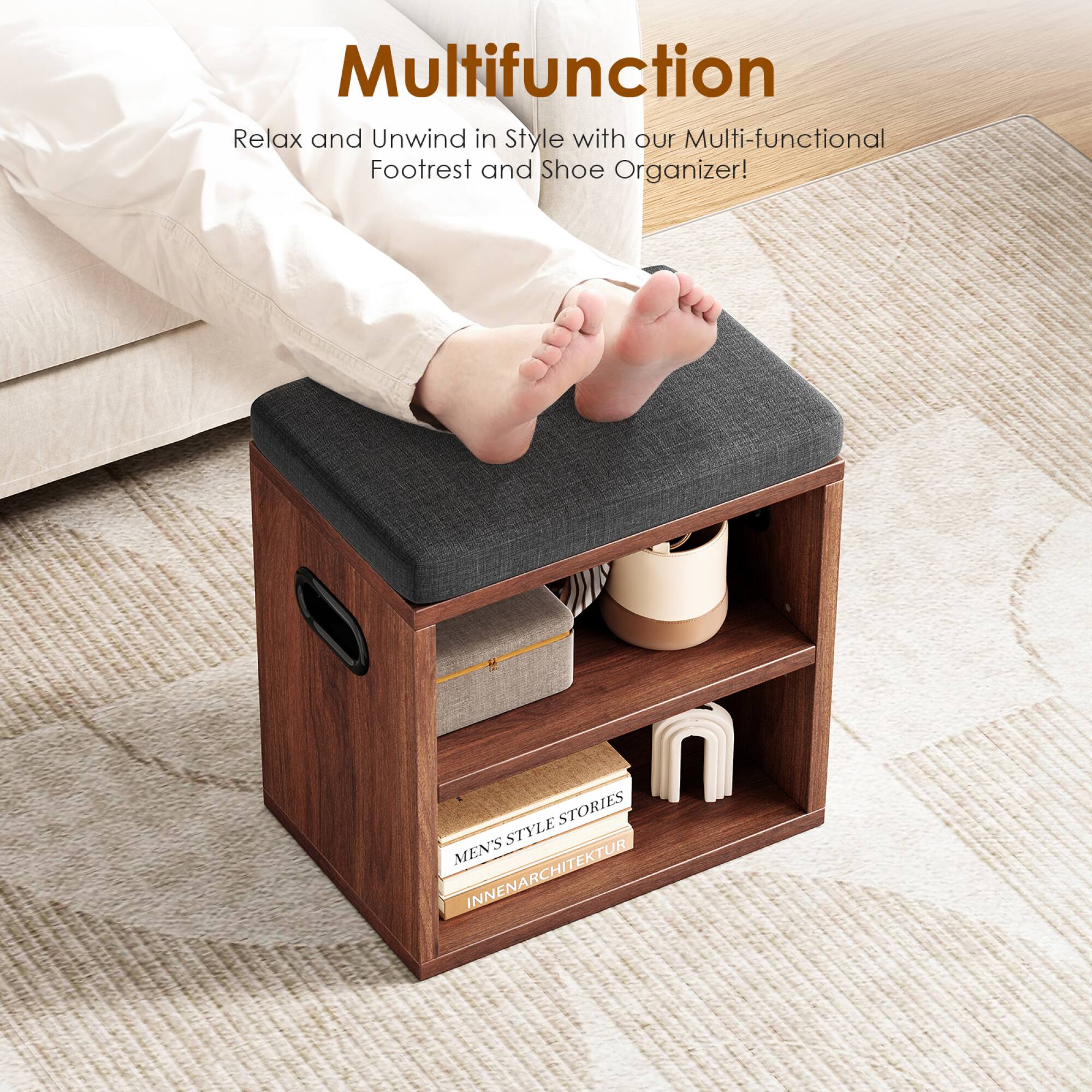Multifunction  
Relax and Unwind in Style with our Multi-functional Footrest and Shoe Organizer!
