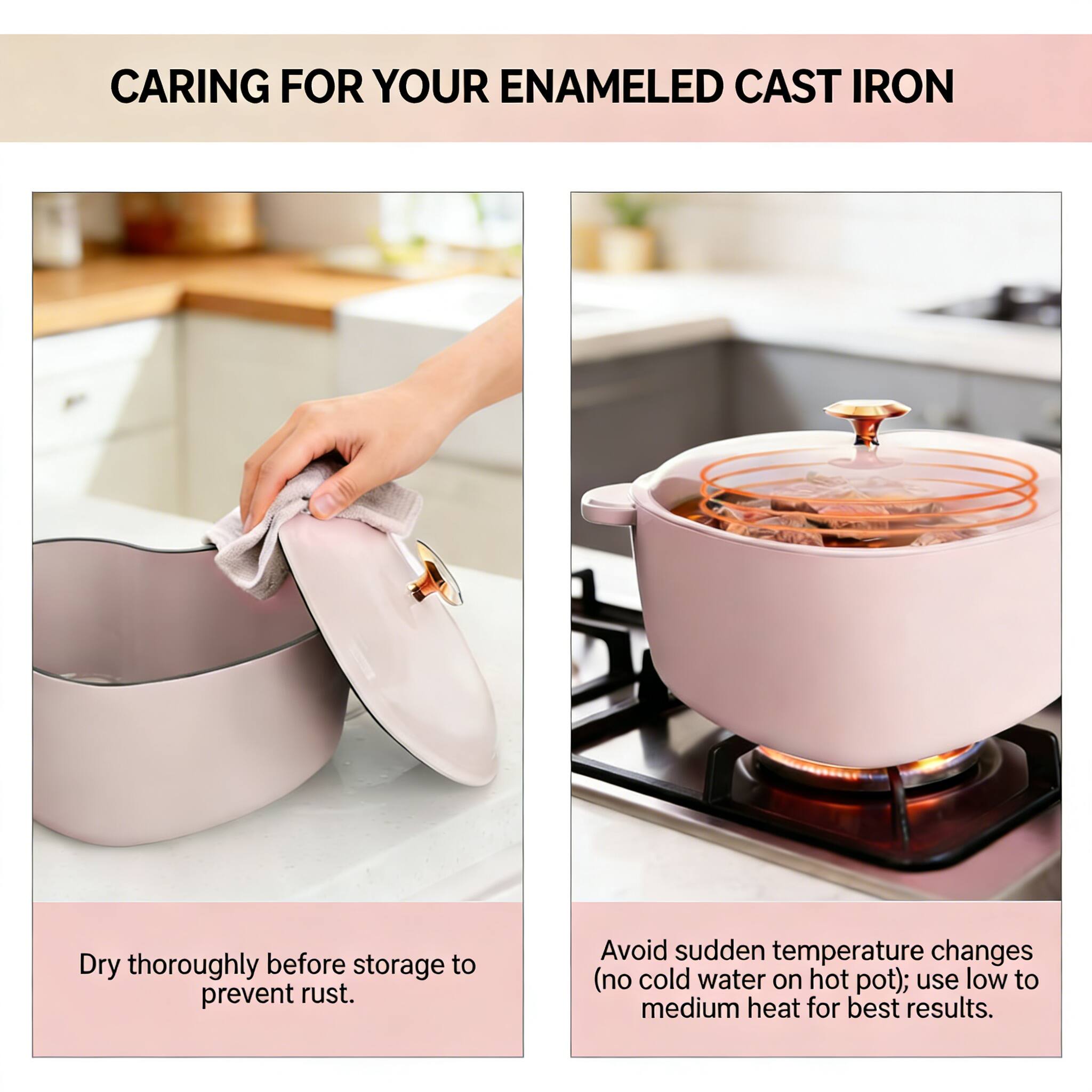 CARING FOR YOUR ENAMELED CAST IRON

Dry thoroughly before storage to prevent rust.

Avoid sudden temperature changes (no cold water on hot pot); use low to medium heat for best results.