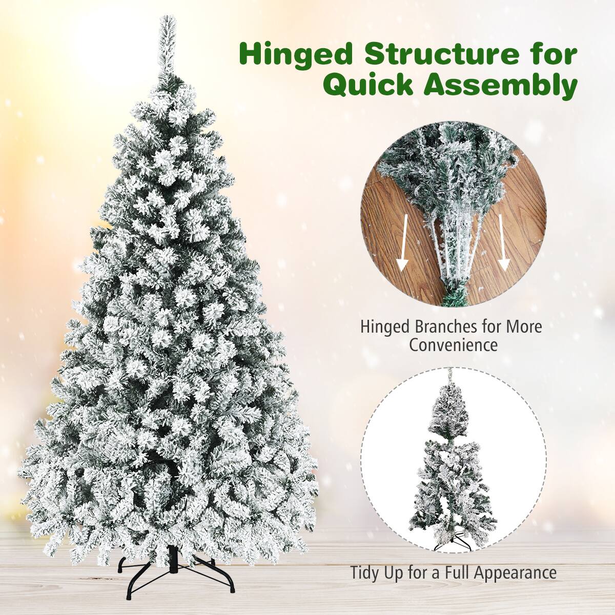 Hinged Structure for Quick Assembly: This Christmas tree is designed with a hinged structure that makes it easy to assemble and disassemble. It can be put together in a quick and efficient manner, saving time and effort.

Hinged Branches for More Convenience: The tree features hinged branches that can be easily adjusted and positioned as desired. This allows for more convenience and flexibility in arranging the tree to suit individual preferences.

Tidy Up for a Full Appearance: To achieve a full and complete appearance, the tree can be easily tidied up by adjusting the branches and ensuring that all parts are properly secured. This ensures that the tree looks its best and is ready for display.