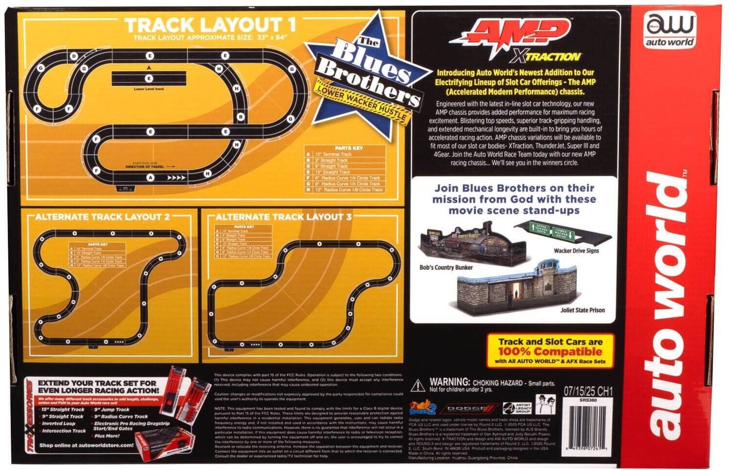 **TRACK LAYOUT 1**  
TRACK LAYOUT APPROXIMATE SIZE: 33" x 84"

**The Blues Brothers**  
LOWER WACKER HUSTLE

**AMP XTRACTION**  
Introducing Auto World's Newest Addition to Our Electrifying Lineup of Slot Car Offerings - The AMP (Accelerated Modern Performance) chassis.  
Engineered with the latest in-line slot technology, our new AMP chassis provides added performance for maximum racing excitement. Blistering top speeds, superior track-gripping handling, and extended mechanical longevity are built-in to bring you hours of accelerated racing action. AMP chassis variations will be available to fit most of our slot car bodies - X-Traction, ThunderJet, Super III and 4Gear. Join the Auto World Race Team today with our new AMP racing chassis... We'll see you in the winners circle.

**ALTERNATE TRACK LAYOUT 2**

**ALTERNATE TRACK LAYOUT 3**

**PARTS KEY**  
1. 1" Straight Track  
2. 3" Straight Track  
3. 6" Straight Track  
4. 9" Straight Track  
5. 12" Straight Track  
6. 15" Straight Track  
