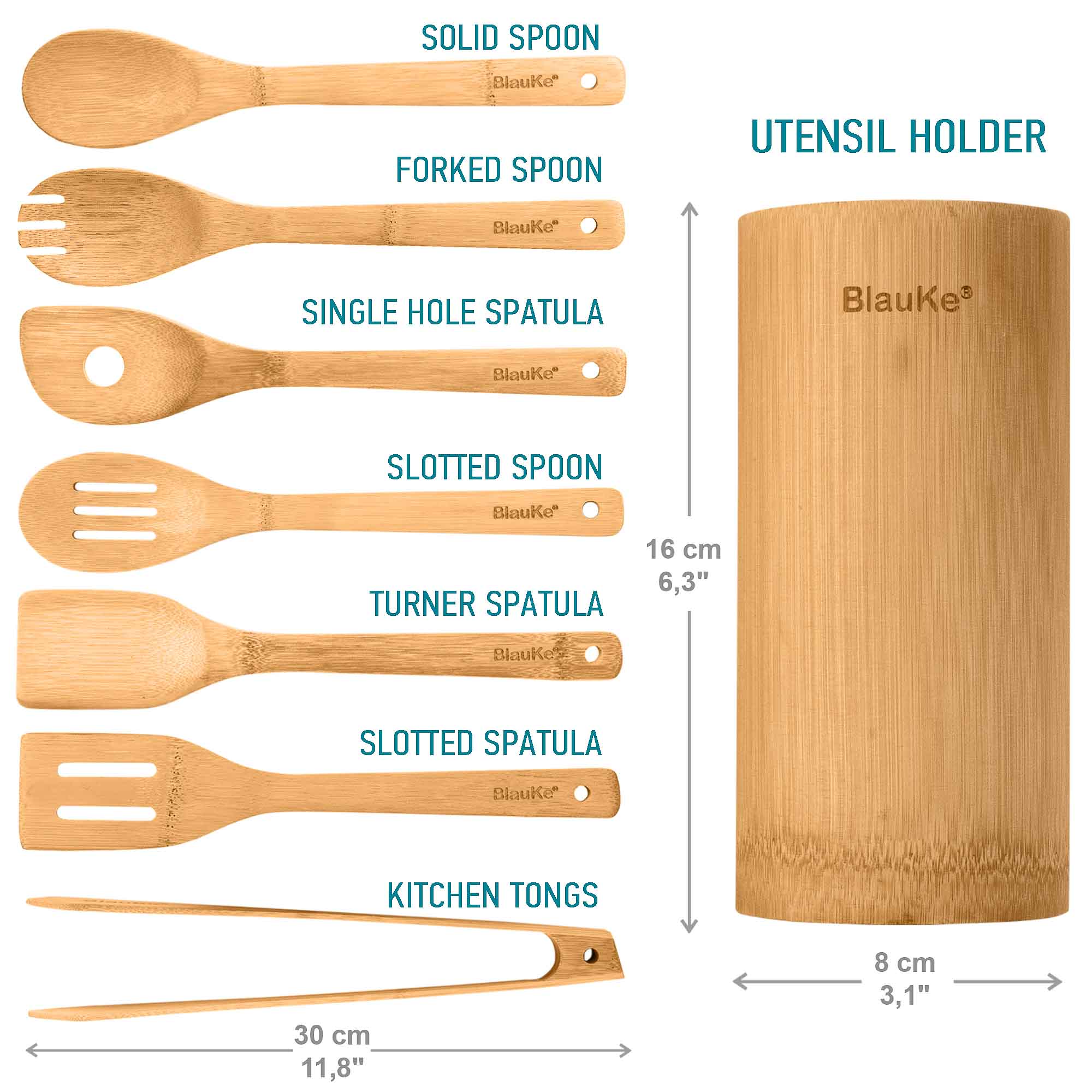 SOLID SPOON BlauKe" FORKED SPOON UTENSIL HOLDER BlauKe" SINGLE HOLE SPATULA BlauKe" SLOTTED SPOON BlauKe" TURNER SPATULA BlauKe's SLOTTED SPATULA BlauKe KITCHEN TONGS 30 cm 11,8" 8 cm 3,1"