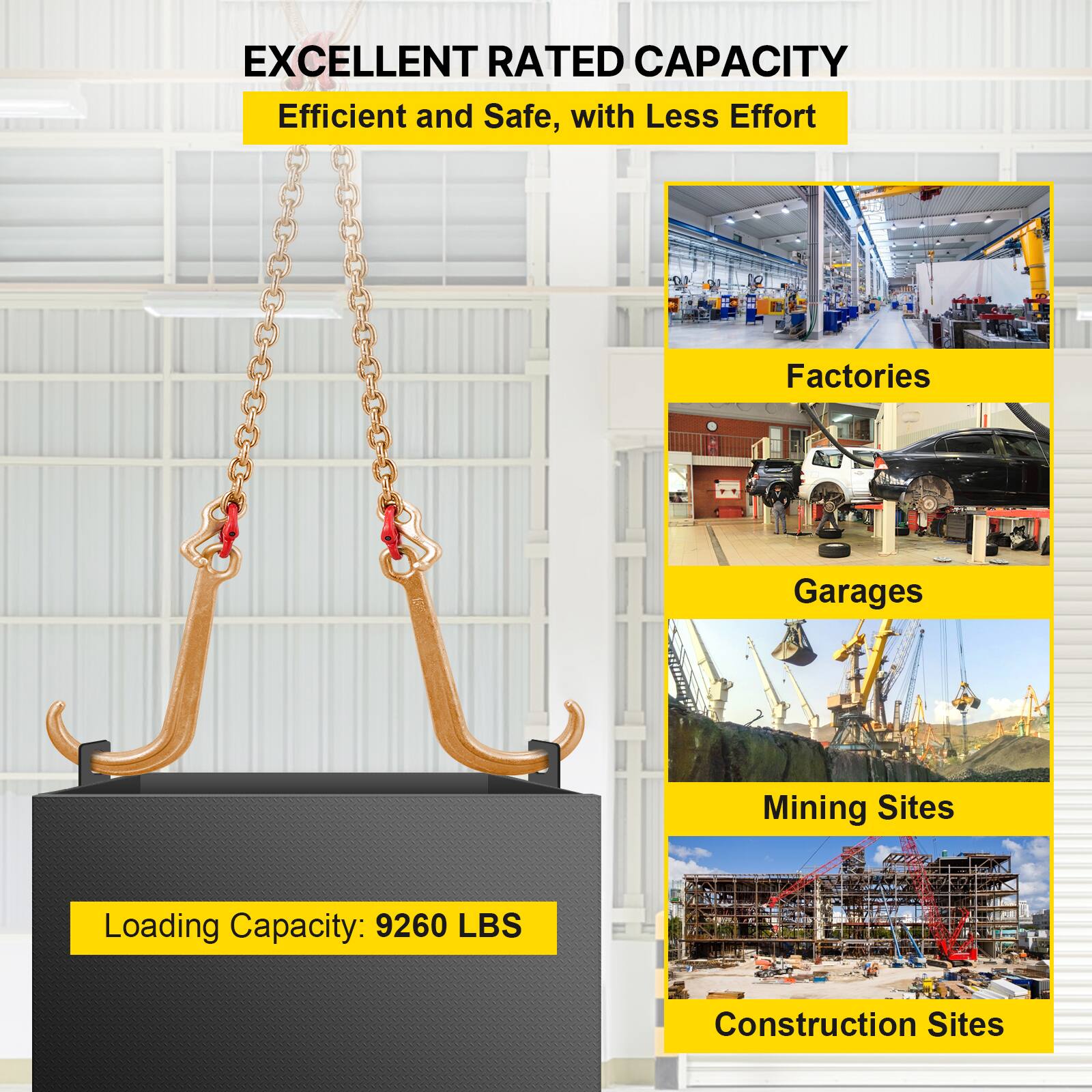 EXCELLENT RATED CAPACITY  
Efficient and Safe, with Less Effort  

Loading Capacity: 9260 LBS  

Factories  
Garages  
Mining Sites  
Construction Sites