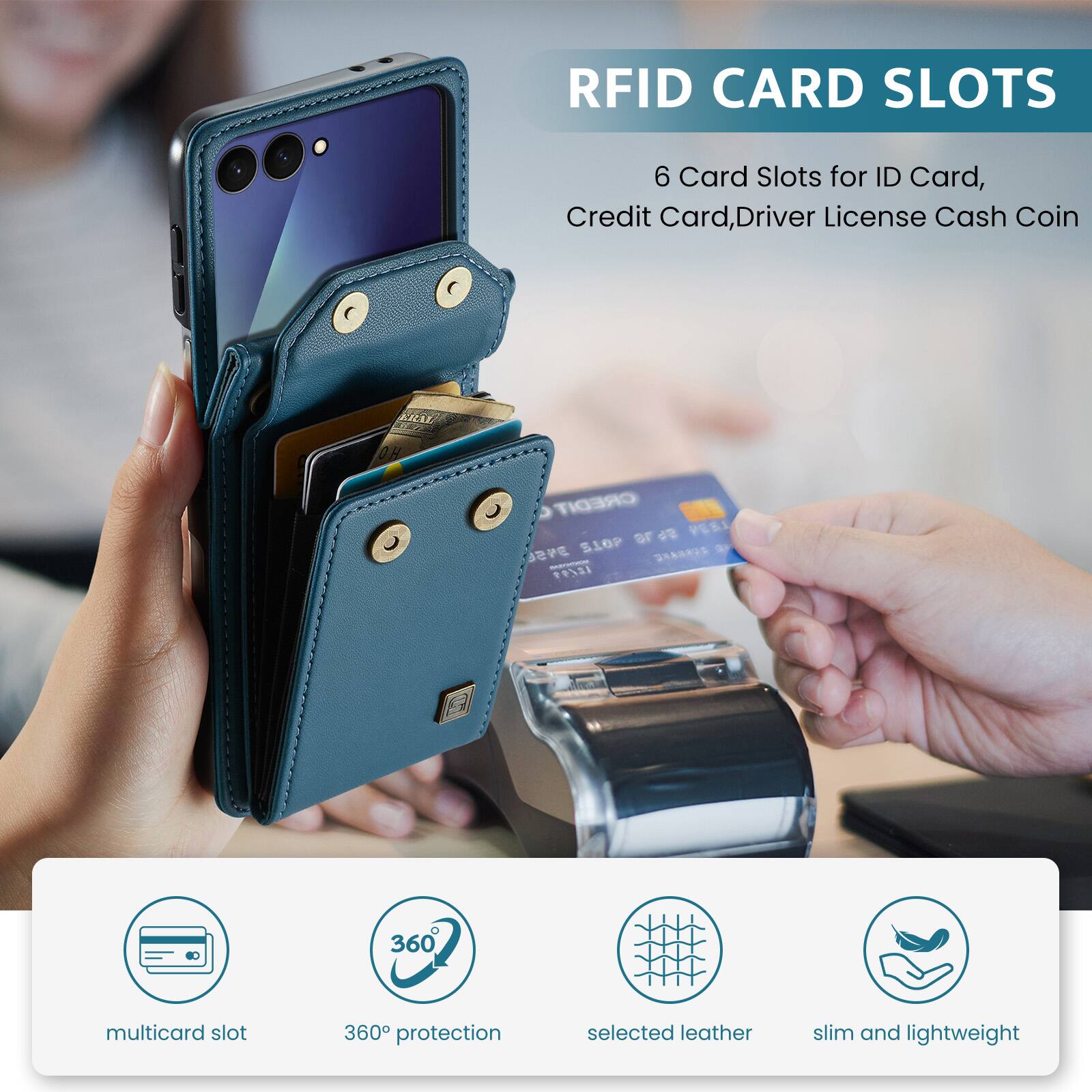 RFID CARD SLOTS  
6 Card Slots for ID Card, Credit Card, Driver License Cash Coin  

CREDIT 18 VESI 3456 JOTS 18/99  
360  
multicard slot  
360 protection  
selected leather  
slim and lightweight