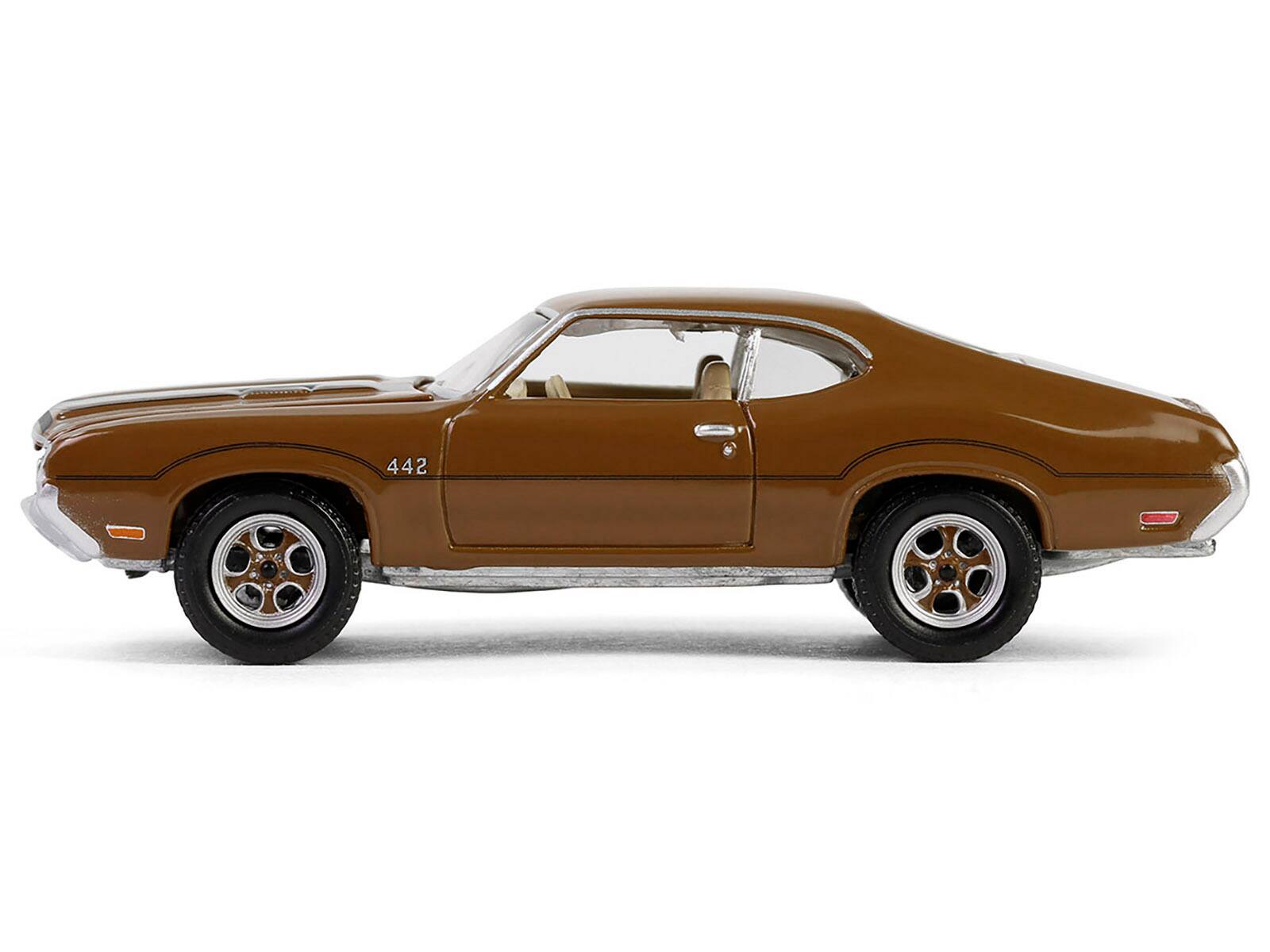 Left. Greenlight - 1972 Oldsmobile 442 Brown with Black Stripes "The Complete Escape Machine" "Vintage Ad Cars" Series 11 1/64 - Brown with Black Stripes.