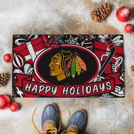 Evergreen Enterprises - Chicago Blackhawks 28" x 16" Happy Holidays Christmas Turf Door Mat - Multicolor