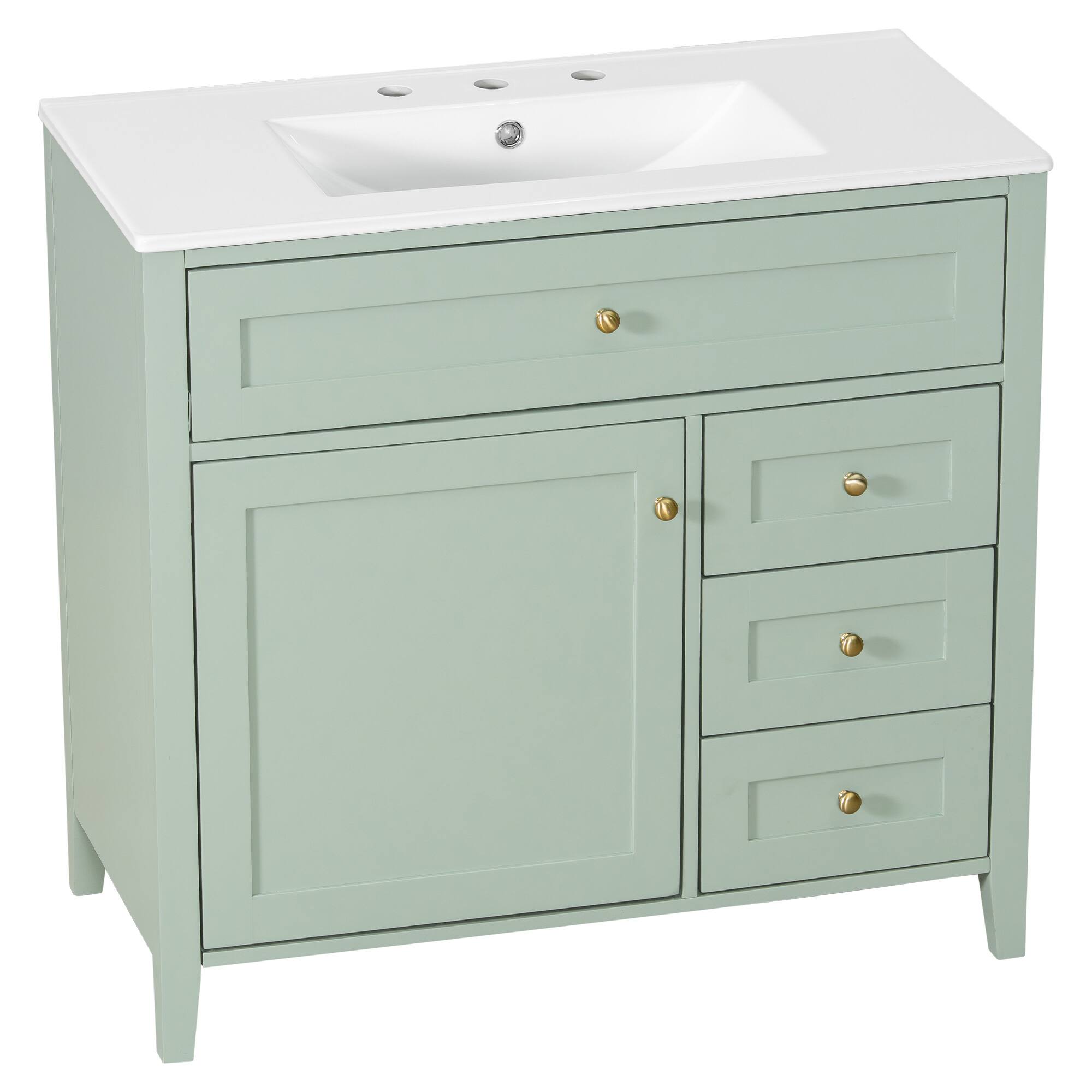 Left. Whisen - 36 Inch Bathroom Vanity with Ceramic Sink Combo Modern 3 Drawer 1 Door Storage Cabinet Freestanding - Light Green.