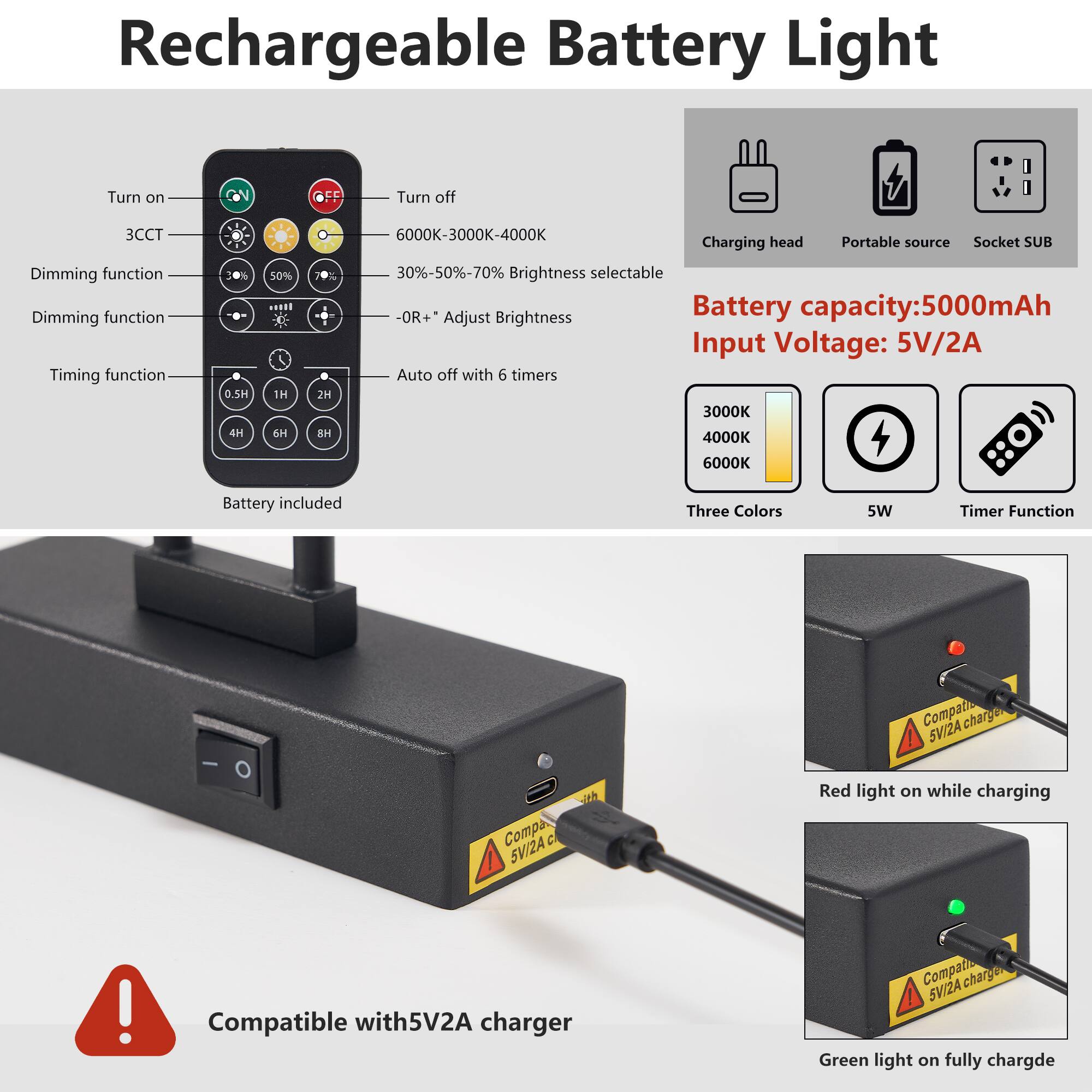 Rechargeable Battery Light

- Turn on
- 3CCT
- Dimming function
- Timing function
- Battery included

- Turn off
- 6000K-3000K-4000K
- 30%-50%-70% Brightness selectable
- -OR+* Adjust Brightness
- Auto off with 6 timers

Battery capacity: 5000mAh
Input Voltage: 5V/2A

- Charging head
- Portable source
- Socket SUB

- Three Colors
- 5W
- Timer Function

- Red light on while charging
- Green light on fully charged

Compatible with 5V2A charger