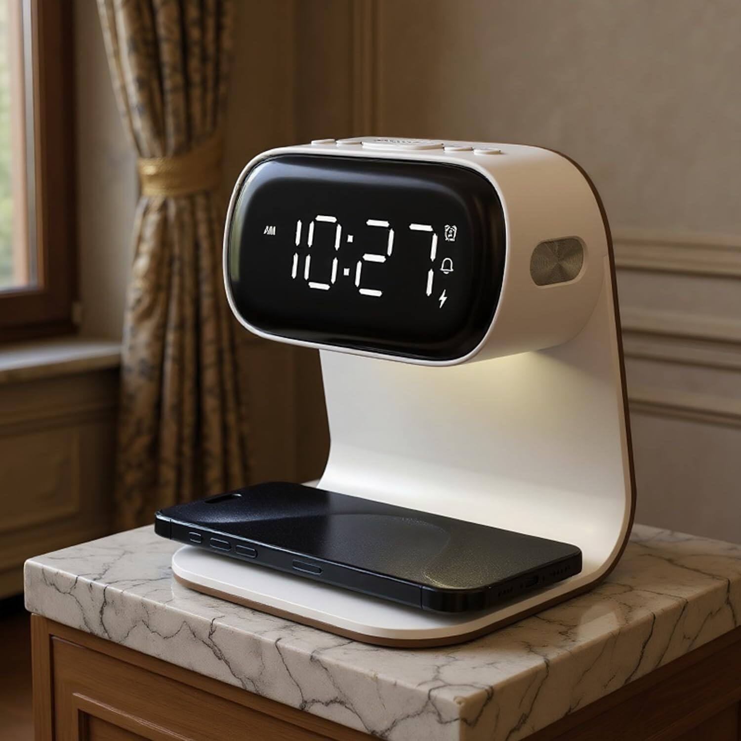 Alt View 4. Stamp n Camp - Digital Alarm Clock with Wireless Fast Charging Station 15W Touch Smart Lamp for Bedside,3 Colors Nightlight Adjustment - White+cable&adapter.