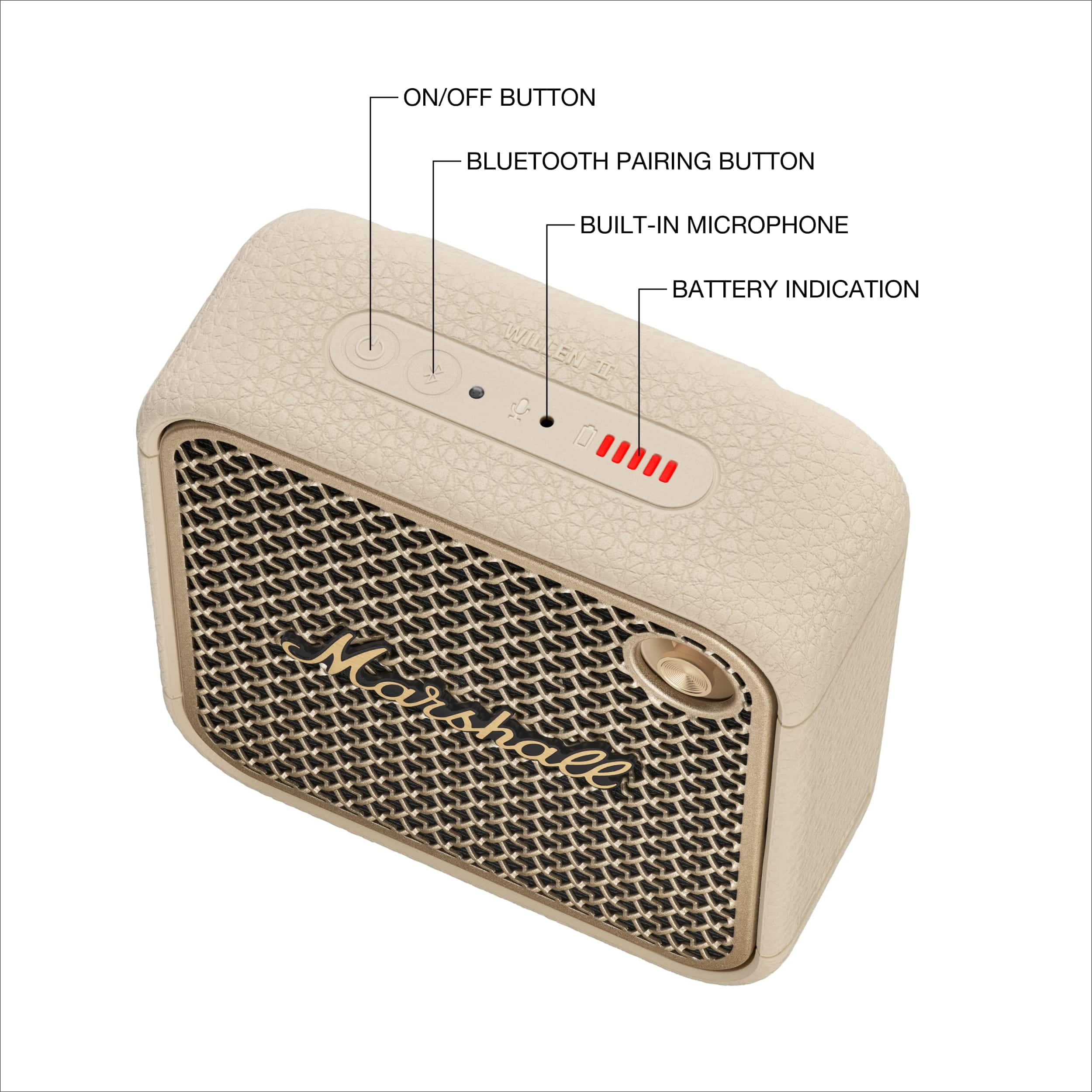 The image features a small electronic device with a speaker and a built-in microphone. The device has a battery indicator and a blue-tooth pairing button. The device is labeled "Marshall" and has a compact design.