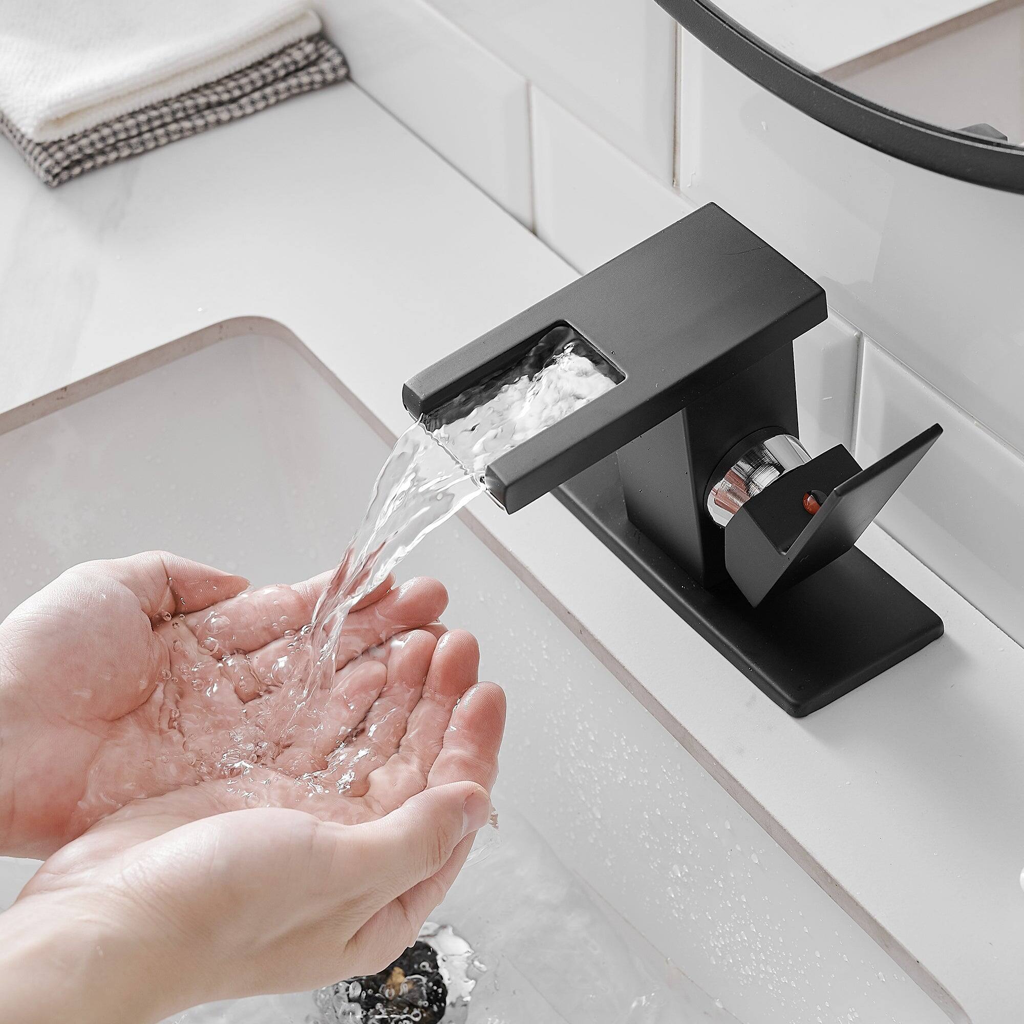 Alt View 10. Boyel Living - Single Handle Single Hole Bathroom Faucet Matte Black with Deck Plate LED Temperature Sensor Waterfall Spout - Matte Black.