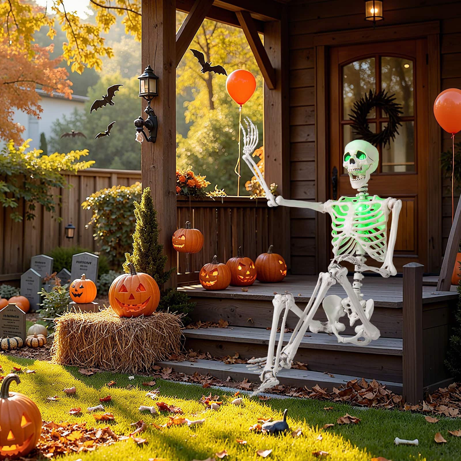 Costway - 5.5FT Poseable Halloween Skeleton Life-Size Decoration with Built-in Lights - White+Green