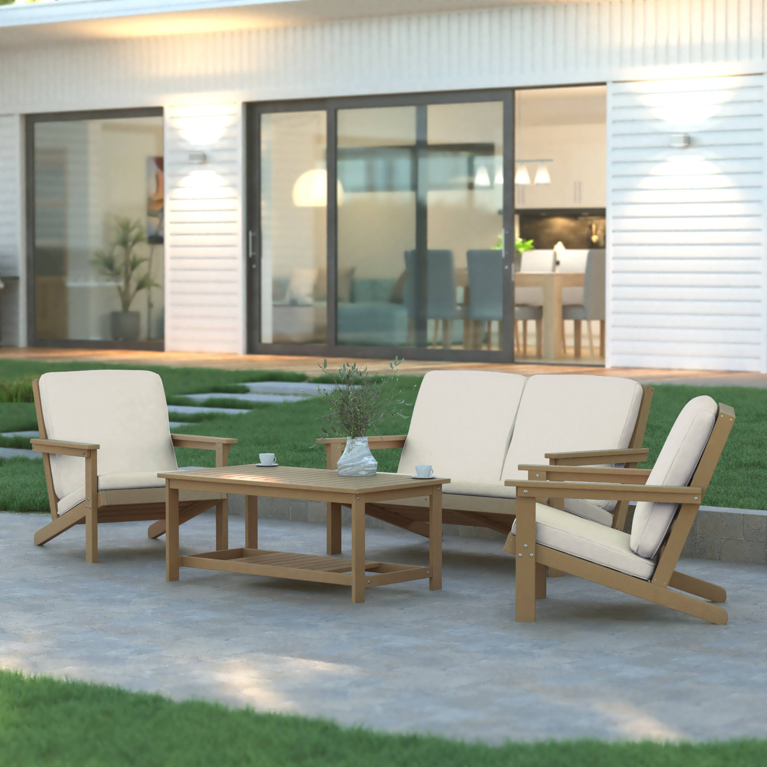 Alt View 4. Emma + Oliver - Hammond All-Weather Polyresin Adirondack Loveseat with Deep Seat and Comfortable Back & Seat Cushions - Cream Cushions/Natural Cedar Frame.