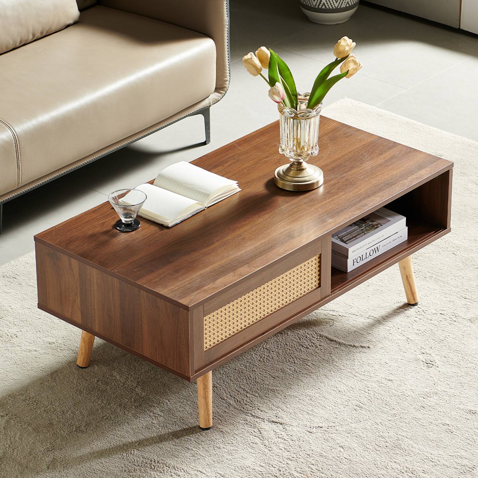 Alt View 1. Ecooso - PE Rattan Coffee table, Sliding Door for Storage, Solid Wood Legs, Modern Table for Living Room - Walnut.