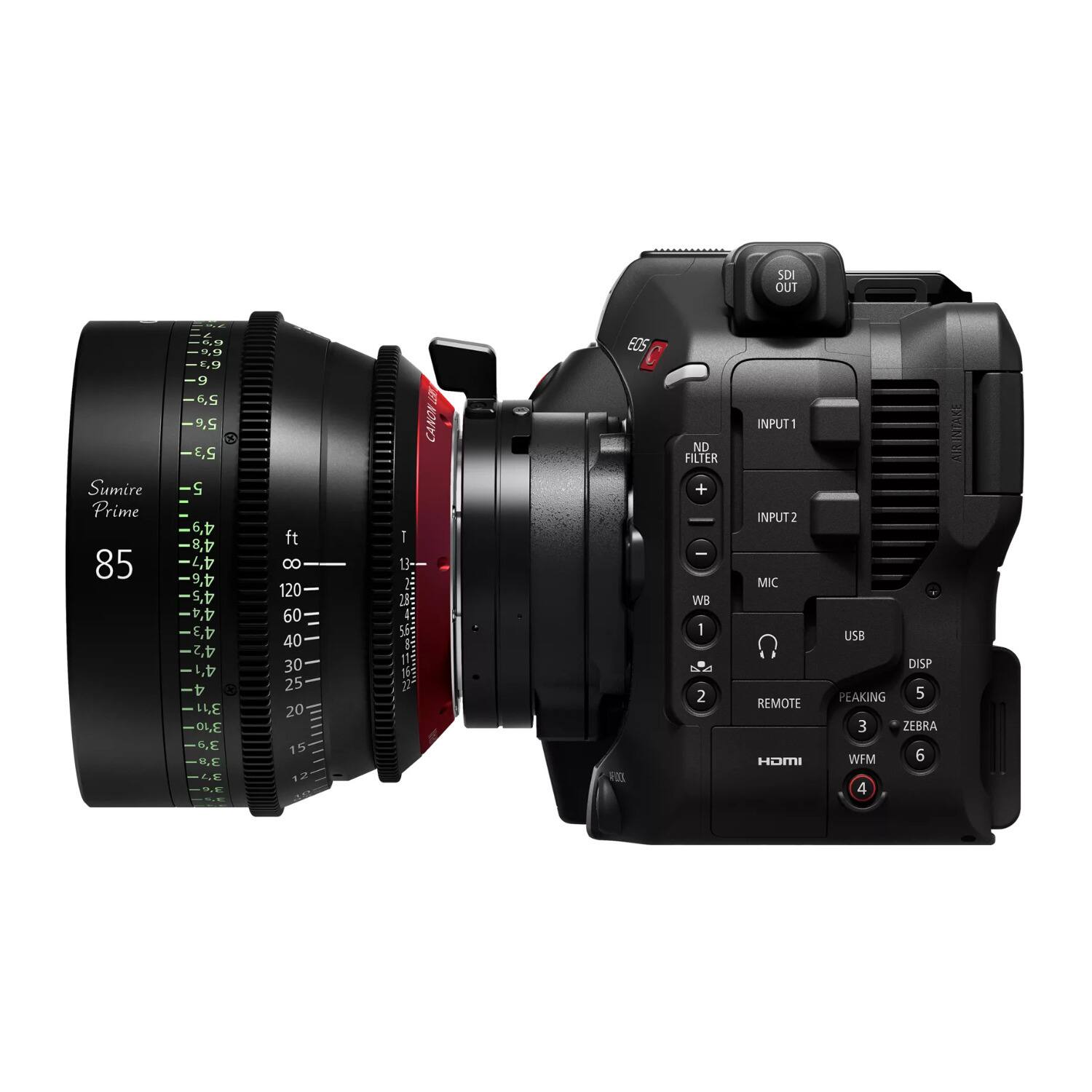 SDI OUT  
Sumire Prime 85  
S9  
E.9  
9  
5'  
56  
C  
5'3  
5  
4'9  
4's  
4'7  
4'6  
4's  
4'4  
4'3  
4'2  
4'1  
4  
LE  
3.40  
6,E  
B,E  
GE  
DE  
ft  
8  
120  
60  
40  
30  
25  
20  
15  
12  
I  
13  
28  
5  
CANDE  
e0S  
C  
ND FILTER  
+  
-  
WB  
1  
2  
FO0  
INPUT -  
INPUT 2  
MIC  
REMOTE  
HDMI  
AIRINTAKE  
USB  
DISP  
PEAKING  
5  
3  
ZEBRA  
WFM  
6  
4