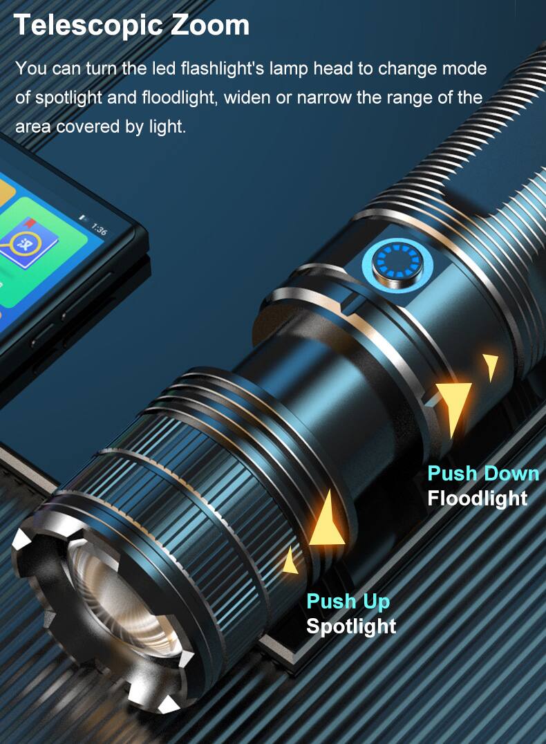 Telescopic Zoom

You can turn the LED flashlight's lamp head to change mode of spotlight and floodlight, widen or narrow the range of the area covered by light.

Push Down Floodlight

Push Up Spotlight