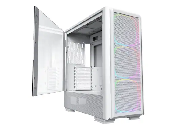 Front. Montech - Montech Sky Two GX, E-ATX Mid Tower, 3X 140mm ARGB Fans, Tempered Glass, Metal Mesh Front, Type C, 4090 Support - White - White.