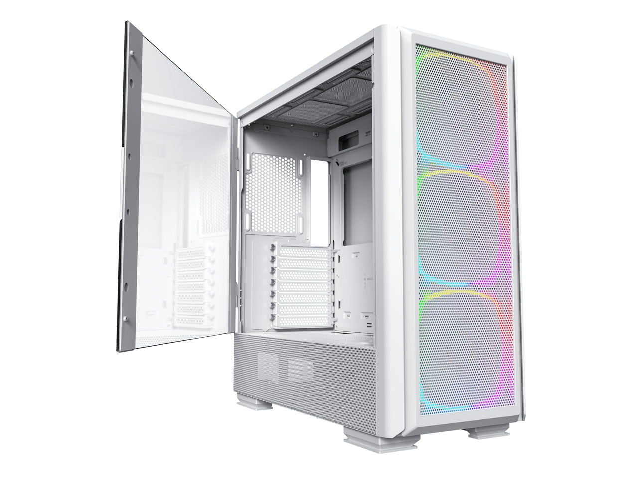 Front. Montech - Montech Sky Two GX, E-ATX Mid Tower, 3X 140mm ARGB Fans, Tempered Glass, Metal Mesh Front, Type C, 4090 Support - White - White.