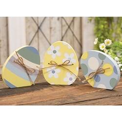 Alt View 1. BreeBe - Dots & Stripe Wooden Easter Egg Sitter w/Jute Bow - 3 Asstd. - Yellow, Blue, Green.