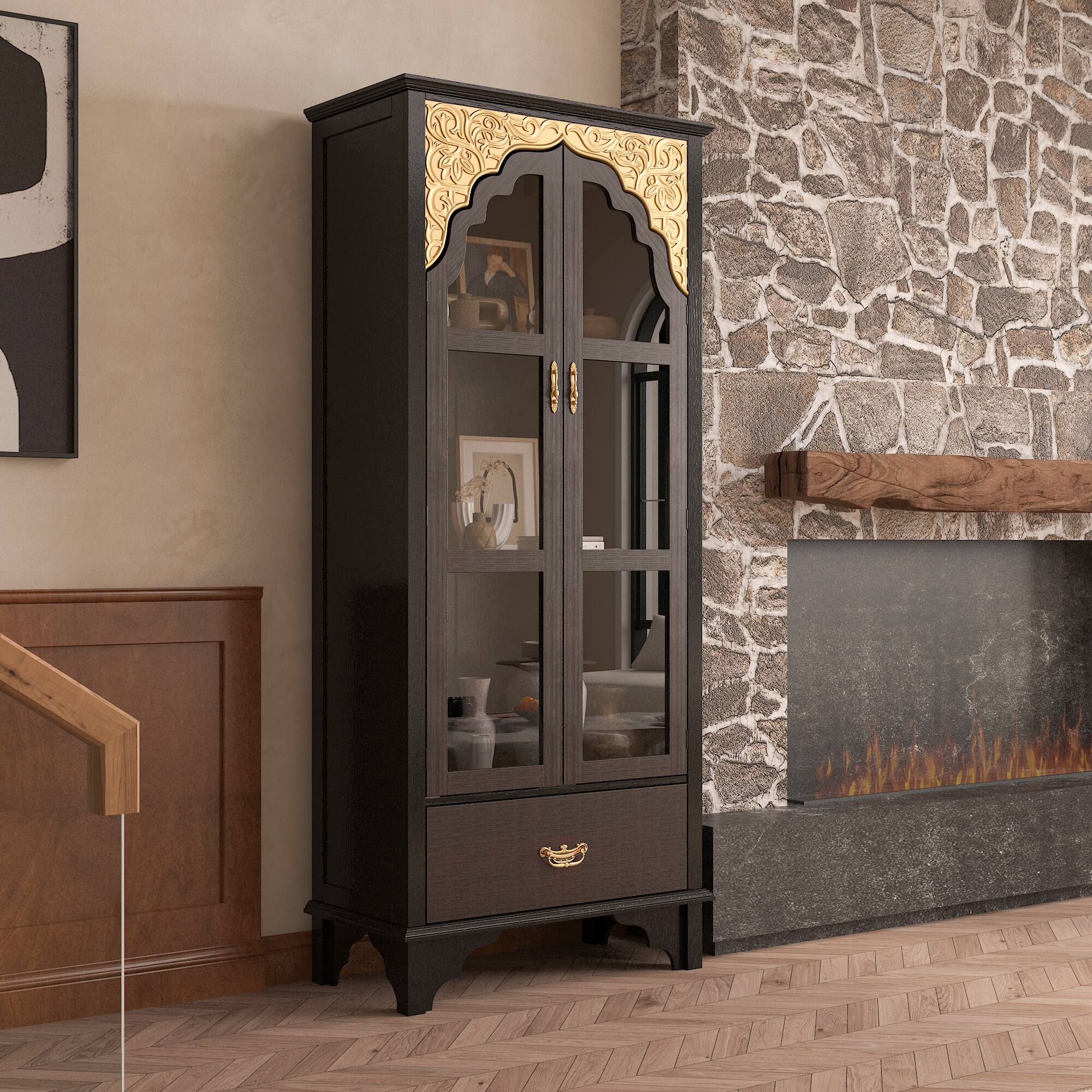 Alt View 2. Famapy - Famapy Classic Display Cabinet with Ornate Gold Accents & Glass Doors - Black & Brown.