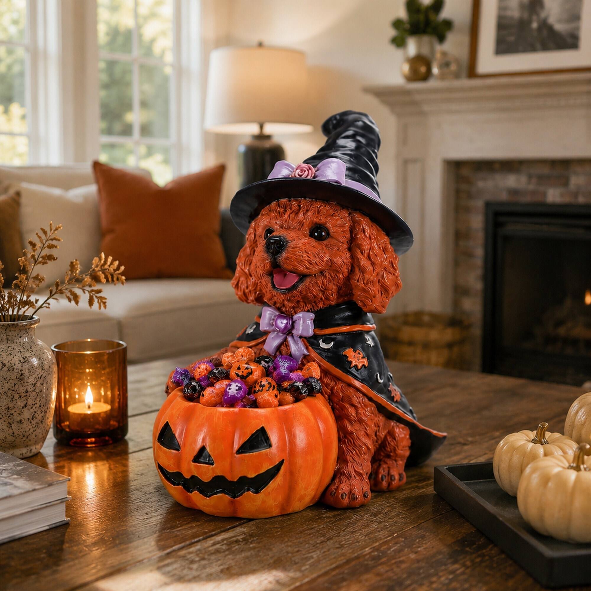 Angle. RYHNUYNE - Cute Brown Teddy Dog Witch Figurine Holding Pumpkin Candy Bowl for Halloween Tabletop Decor - Black.