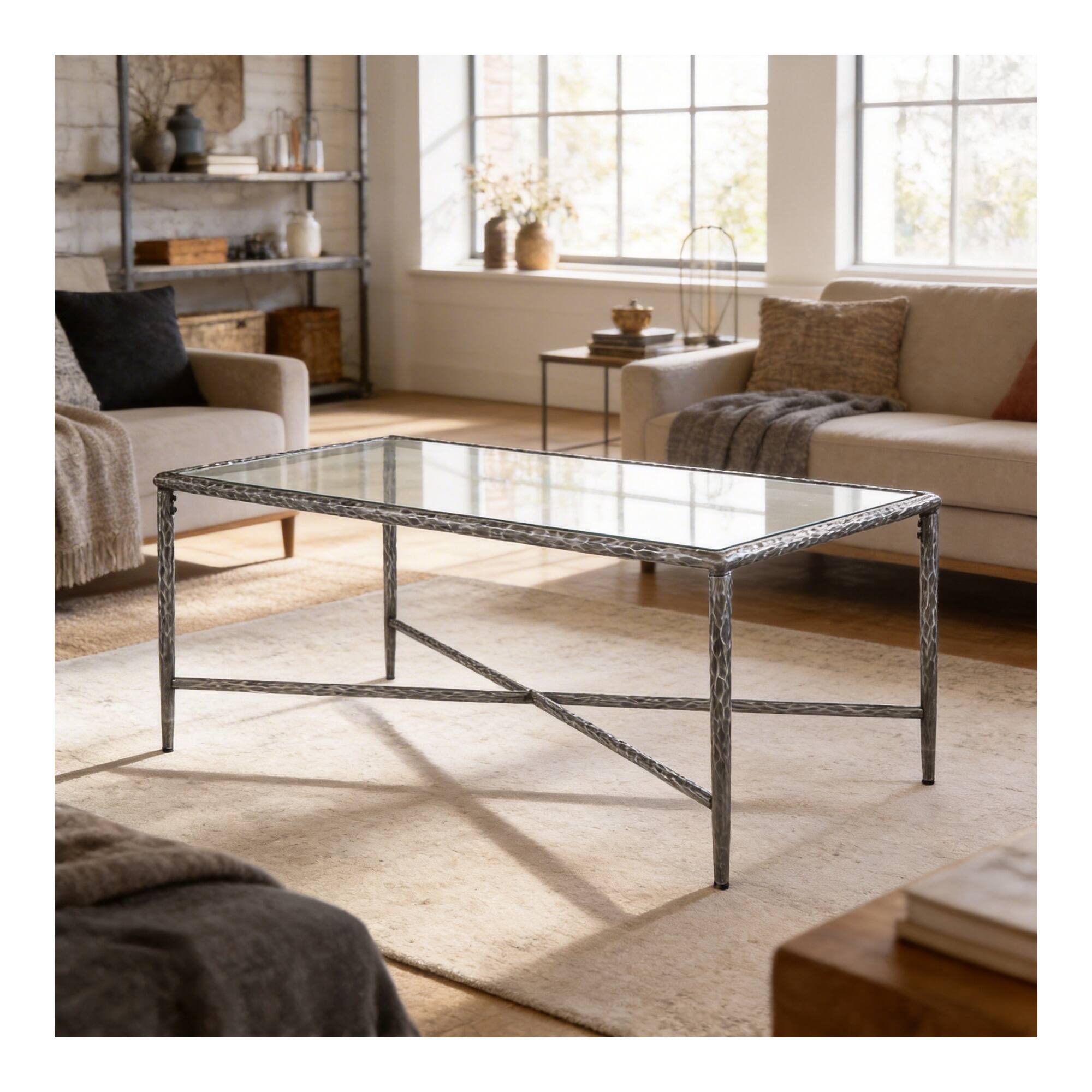 Alt View 4. Boyel Living - Rectangular Hammered Metal Coffee Table with Tempered Glass Top - Gunmetal.