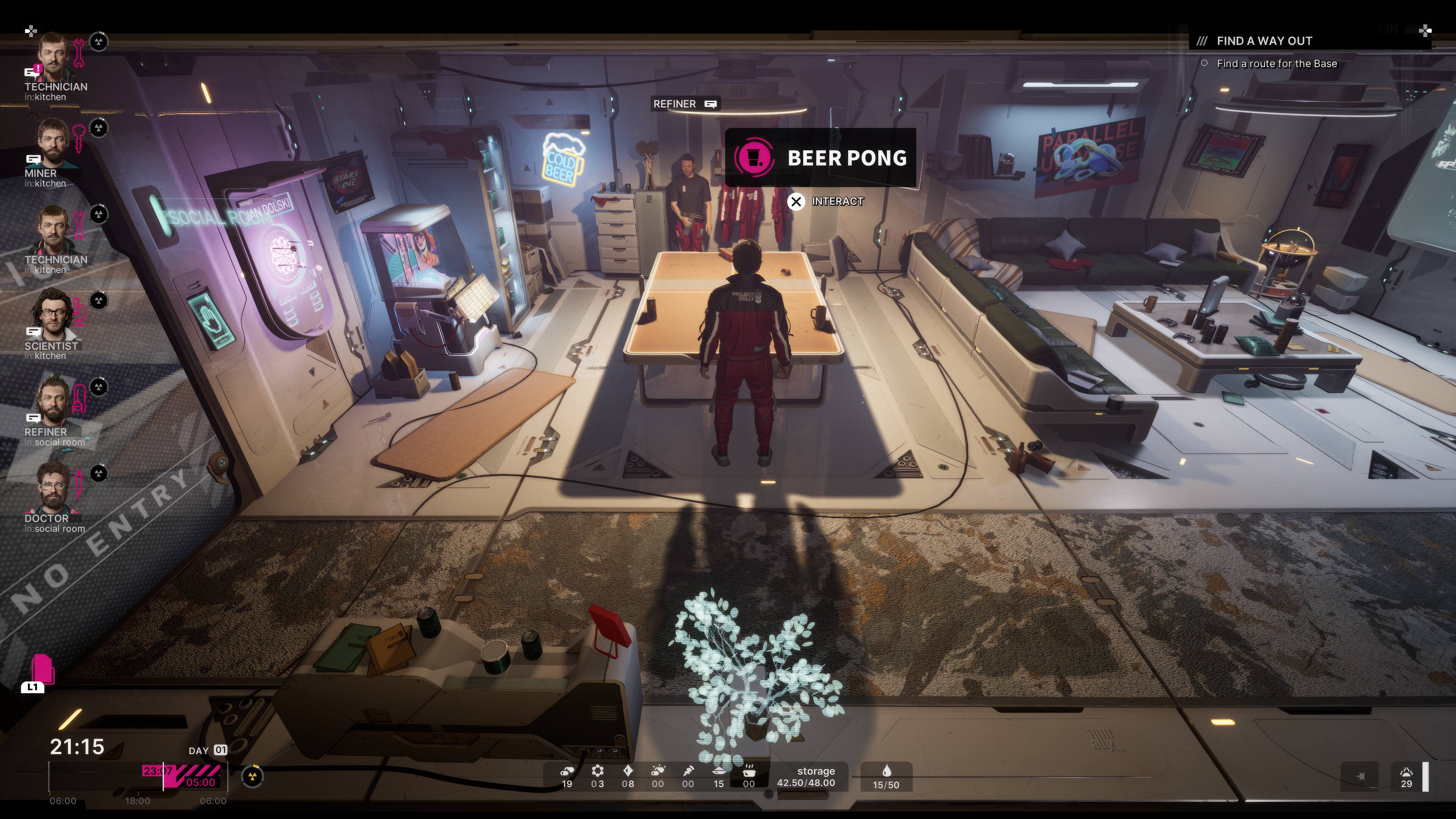 1. InI FIND A WAY OUT - Find a route for the Base TECHNICIAN in kitchen Y MINER nkitchen Y - DOLSK SOCIAL ROAN STARS 2NE COLDI BEER REFINER - BEER PONG x INTERACT PAPALLEL SE U TECHNICIAN kiteher SCIENTIST nddtchen  1O a - CCC 1 mOR 7 REFINER nsocial room insocial DOCTOR room ENTRY NO L1 21:15 DAY 01 234 V6 05:00 06:00 10:00 06.00 19 03 08 00 00 15 00 storage 42.50/48.00 15/50 MNlE 29