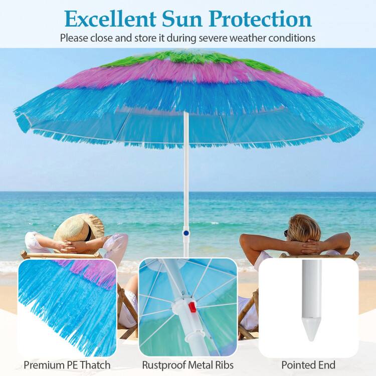 Excellent Sun Protection  
Please close and store it during severe weather conditions  

Premium PE Thatch  
Rustproof Metal Ribs  
Pointed End