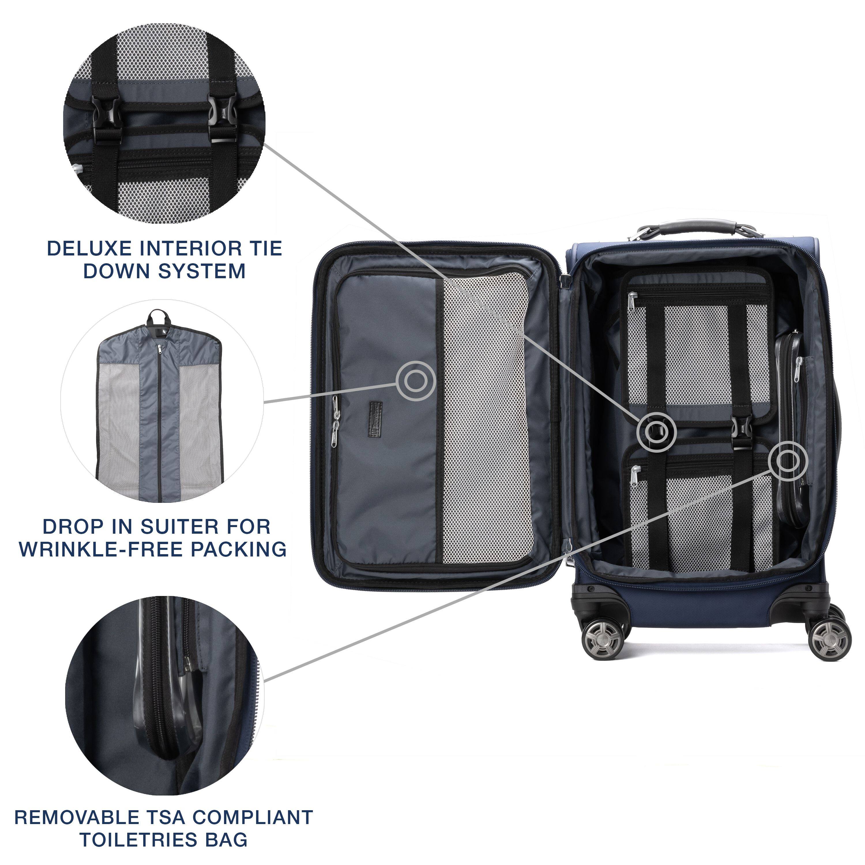 DELUXE INTERIOR TIE DOWN SYSTEM  
DROP IN SUITER FOR WRINKLE-FREE PACKING  
REMOVABLE TSA COMPLIANT TOILETRIES BAG