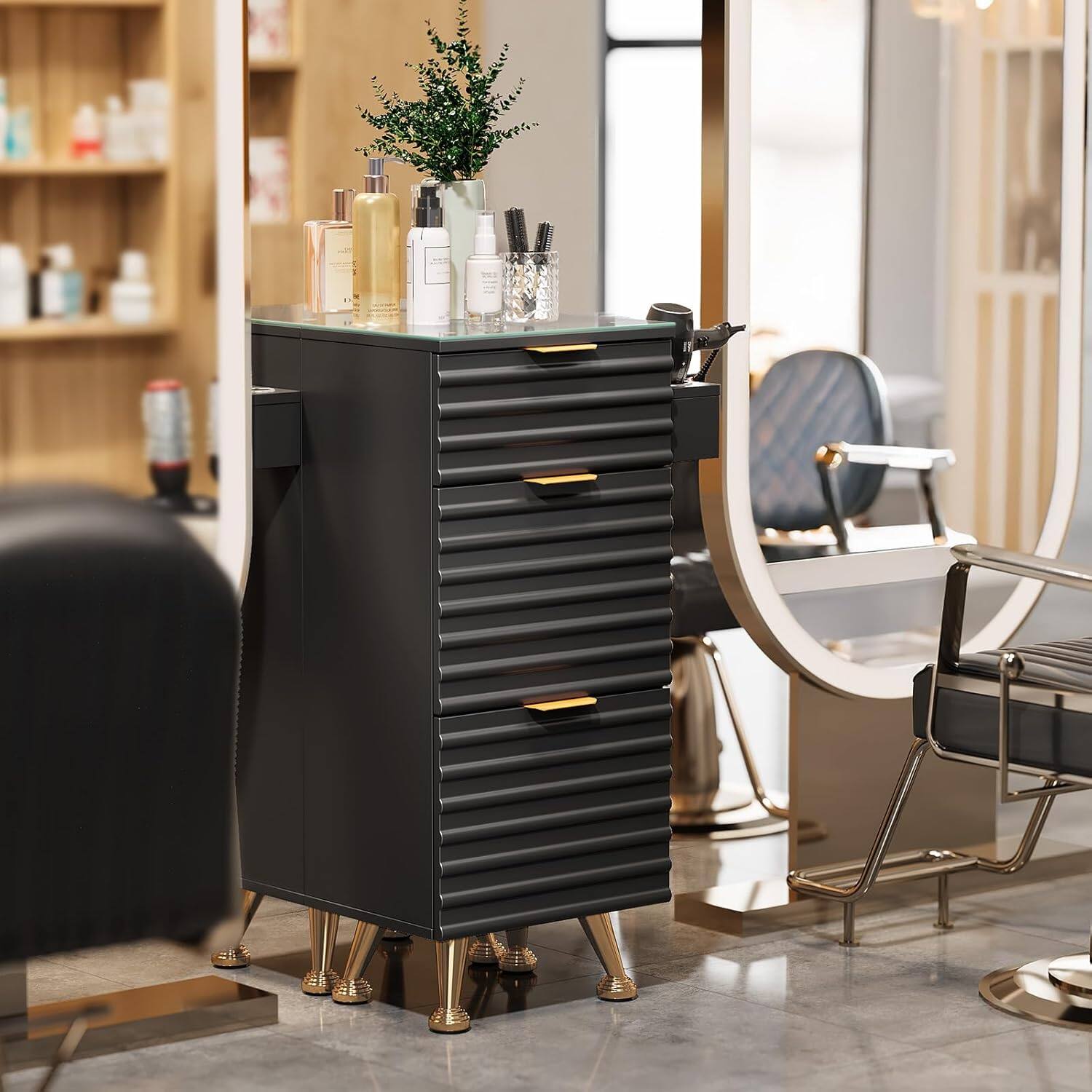 Angle. Winado - Barber Station Barber Station with Removable Glass Top & Hot Tool Holder & 3 Pull-out Drawers & Aluminium Alloy Handle - Black & Gold.
