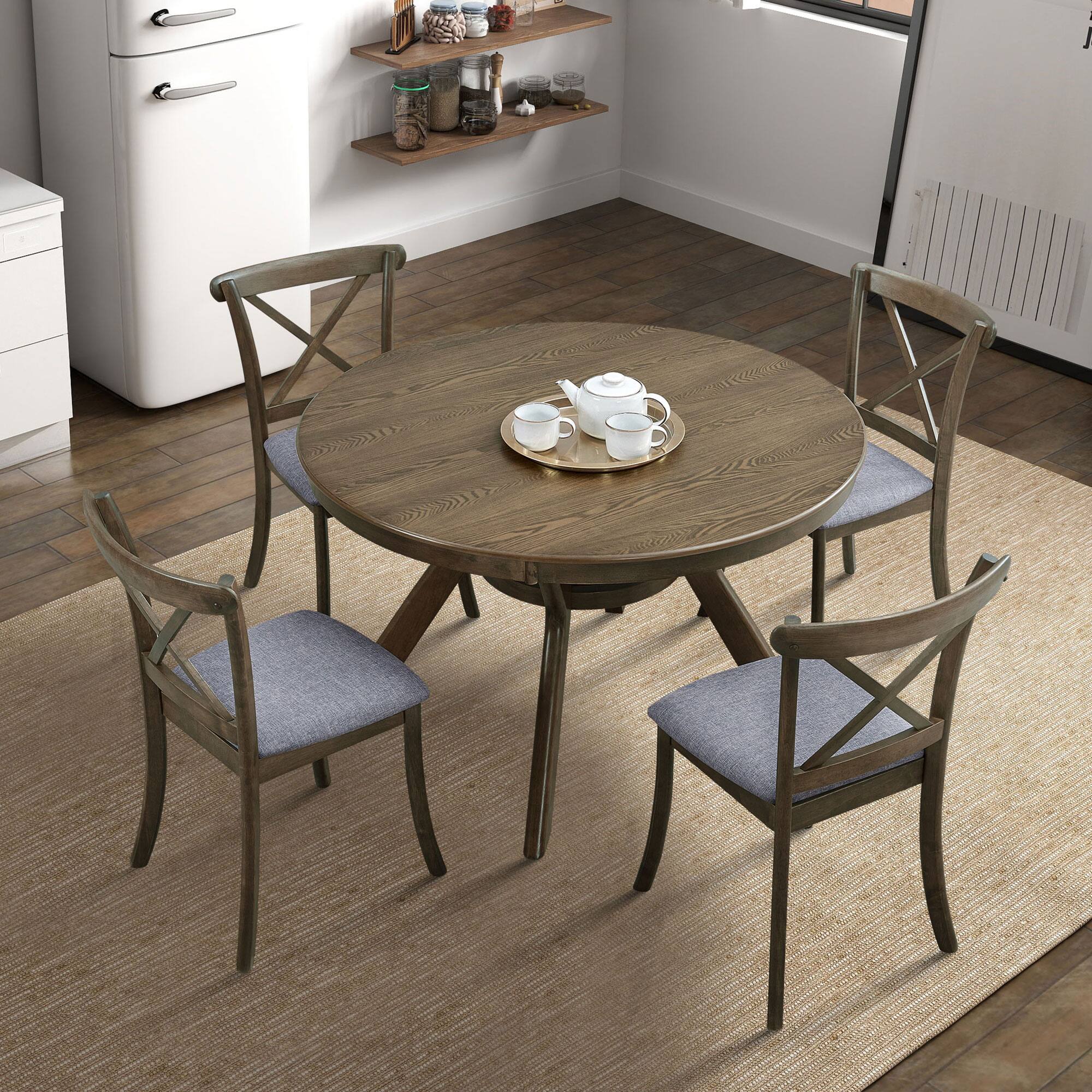 Front. TinyHomie - Wooden Dining Table Set Modern Round Rubber Wood Kitchen Table and Cross Back Upholstered Dining Chairs 1 Table 4 Chairs - Oak.