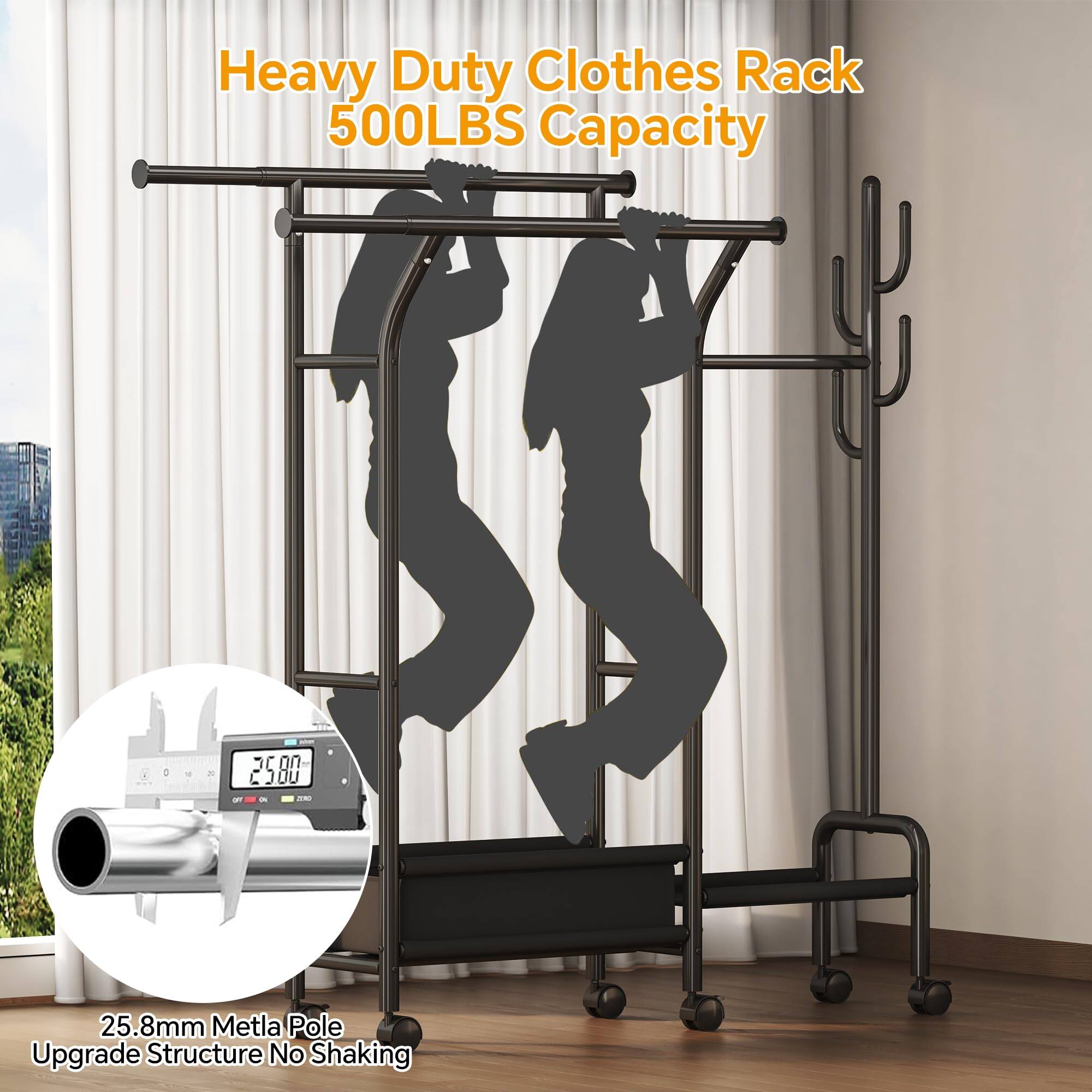 Heavy Duty Clothes Rack  
500LBS Capacity  

25.8mm Metla Pole  
Upgrade Structure No Shaking