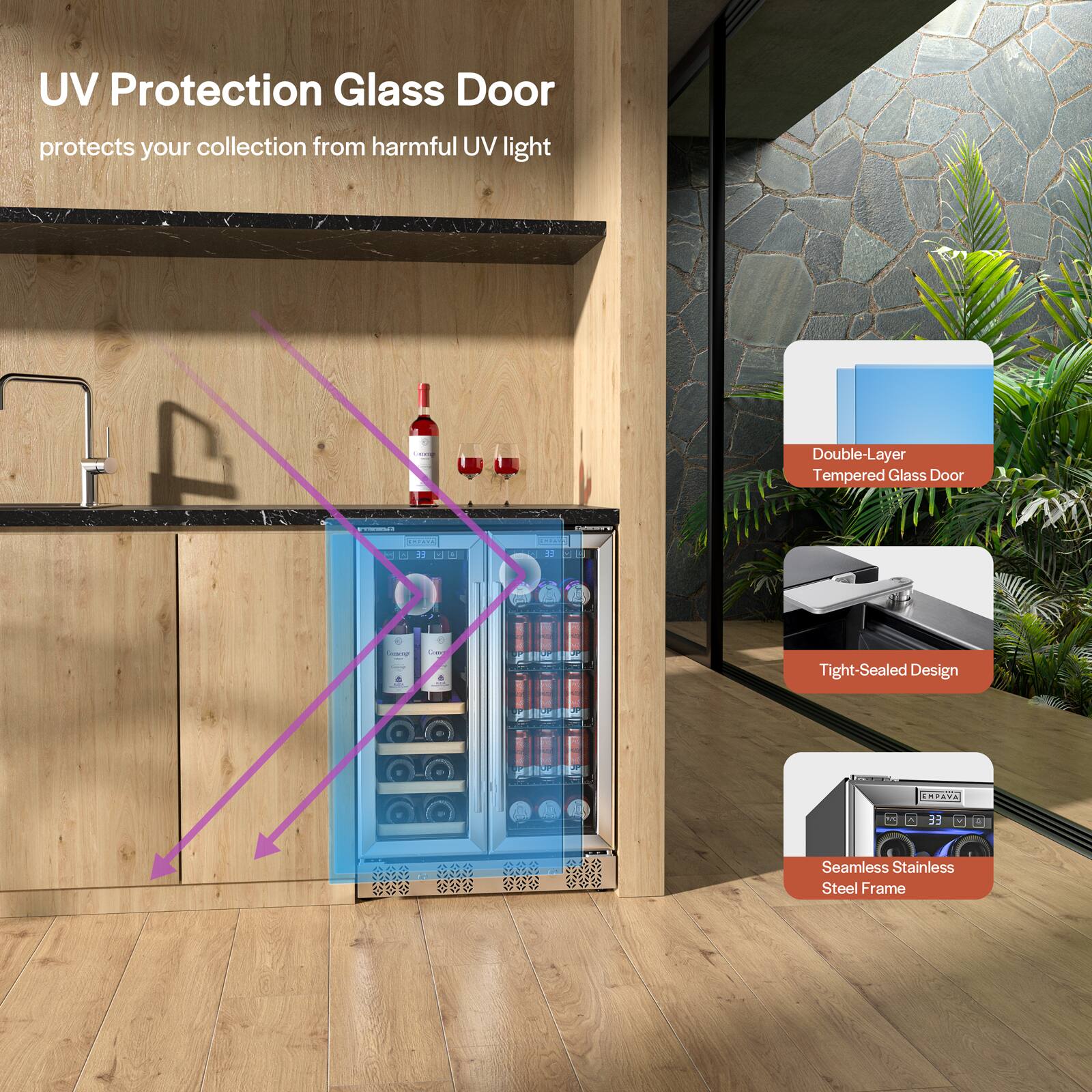 UV Protection Glass Door protects your collection from harmful UV light
Double-Layer Tempered Glass Door
Tight-Sealed Design
Seamless Stainless Steel Frame