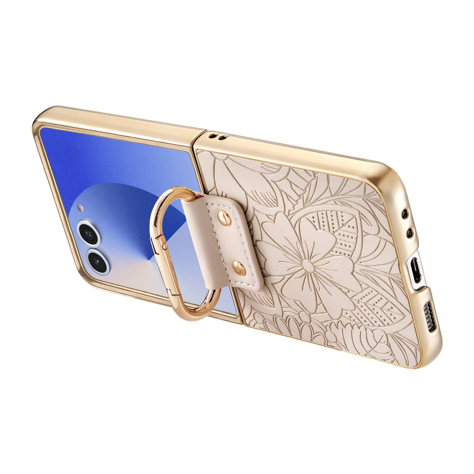 Alt View 3. Dteck - Shockproof Floral Leather Texture Case for Samsung Galaxy Z Flip8, Electroplated Rigid Plastic Cover with Ring Holder - Beige.