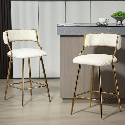 Front. HTUTWOO - Bar Stools Set of 2, Corduroy Upholstered Counter Height Chairs with Curved Back and Footrest for Kitchen Island, Pub - Beige .
