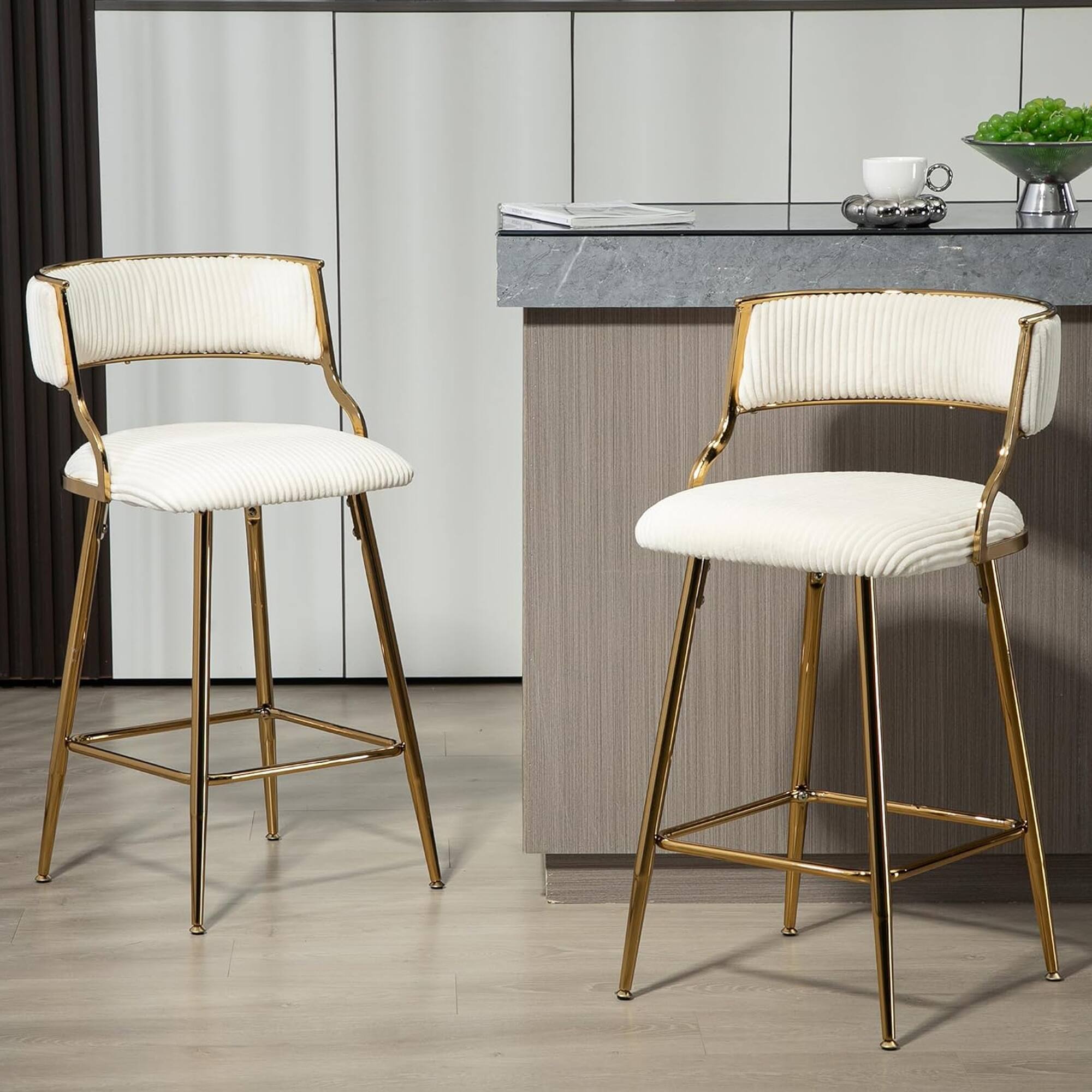 Front. HTUTWOO - Bar Stools Set of 2, Corduroy Upholstered Counter Height Chairs with Curved Back and Footrest for Kitchen Island, Pub - Beige .