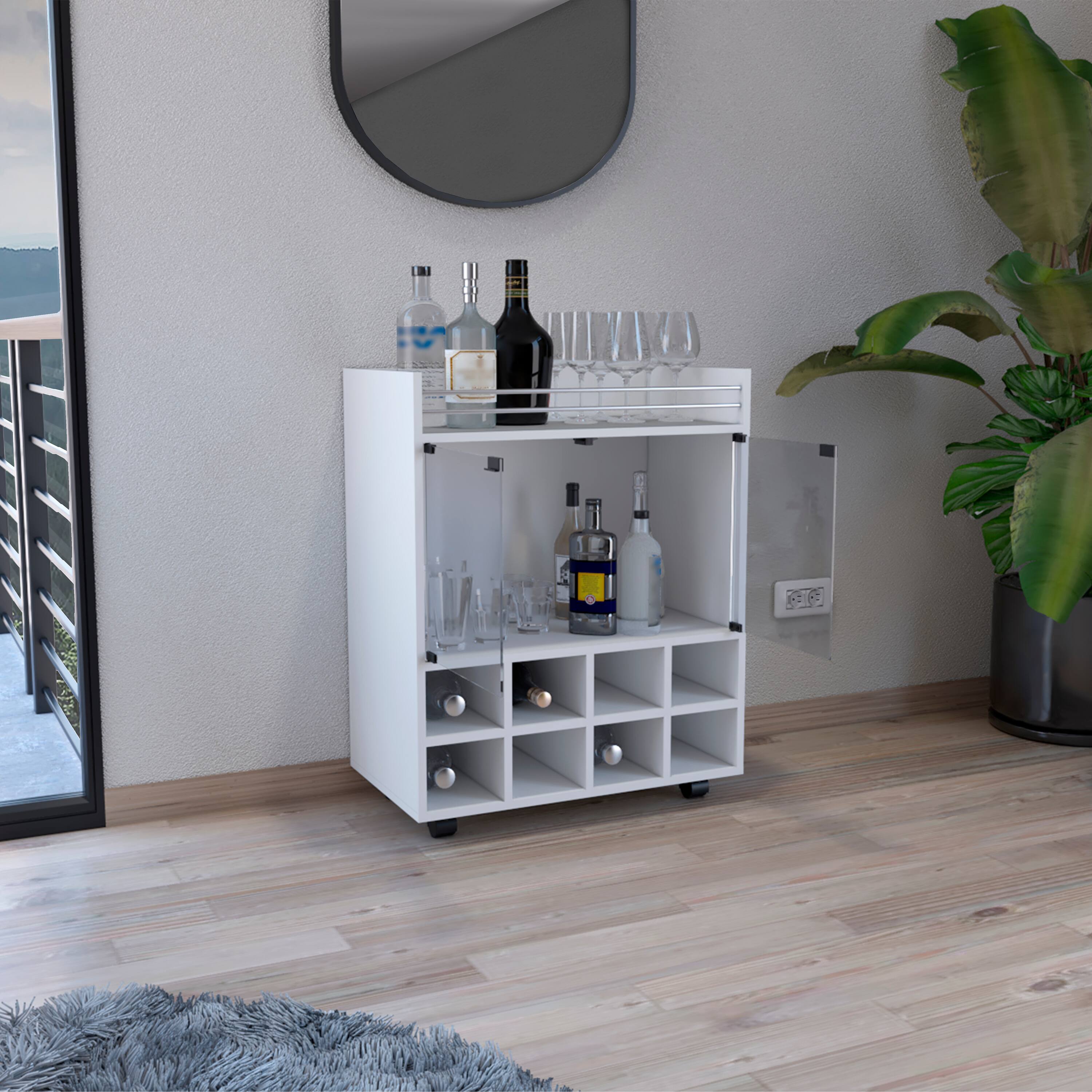 Angle. TuHome - St Andrews Bar Cart with Built-In 8-Bottle Rack, Double Glass Door Cabinet, And Aluminum-Edged Top Surface - White.