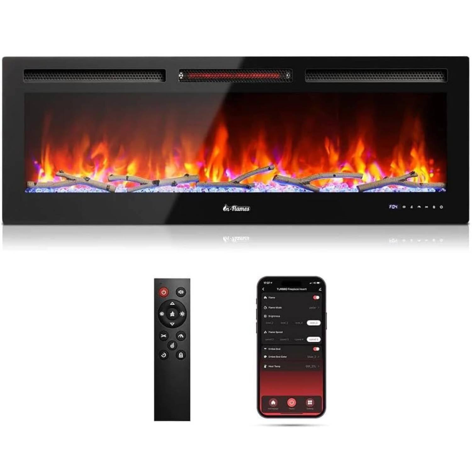Acekool - 60 Inch Electric Fireplace, Fireplace Heater Recessed and Wall Mounted with Multicolor Flame - Black