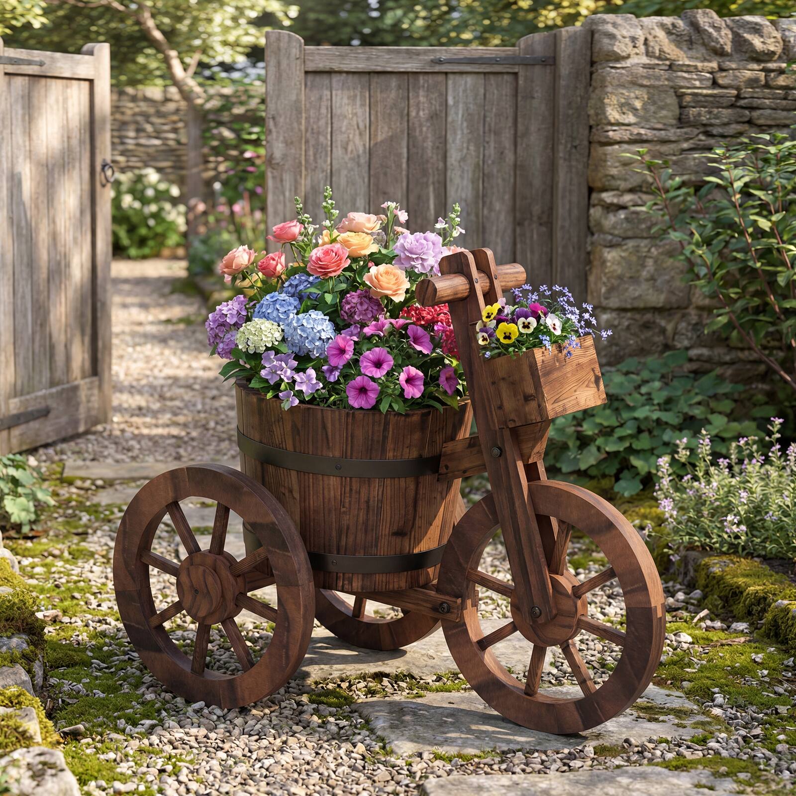 Alt View 1. Costway - Costway 2 PCS Rustic Wood Tricycle Planter with Barrel Pot & Storage Box for Patio Garden - Coffee.