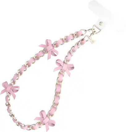 Front. VELVET CAVIAR - Phone Charm Wristlet - Pink Bow Leather Chain.