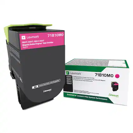 Lexmark 71B10M0
CX31, CX417, CS317, CS417
Toner Cartridge Magenta
Return Program Magenta
Lexmark CS317, CS417, CX317, CX417
Magenta Return Program Toner Cartridge
Cartridge de toner Las Lexmark Returnable
www.lexmark.com/supplies
Essential to Lexmark Print System Performance
Lexmark 71B10M0
CS317, CS417, CX317, CX417
One Magenta Return Program Toner Cartridge
Un cartouche de toner magenta Retournable
Un cartouche de toner magenta Lexmark Return Program (LRP) Magenta
Essential to Lexmark Print System Performance